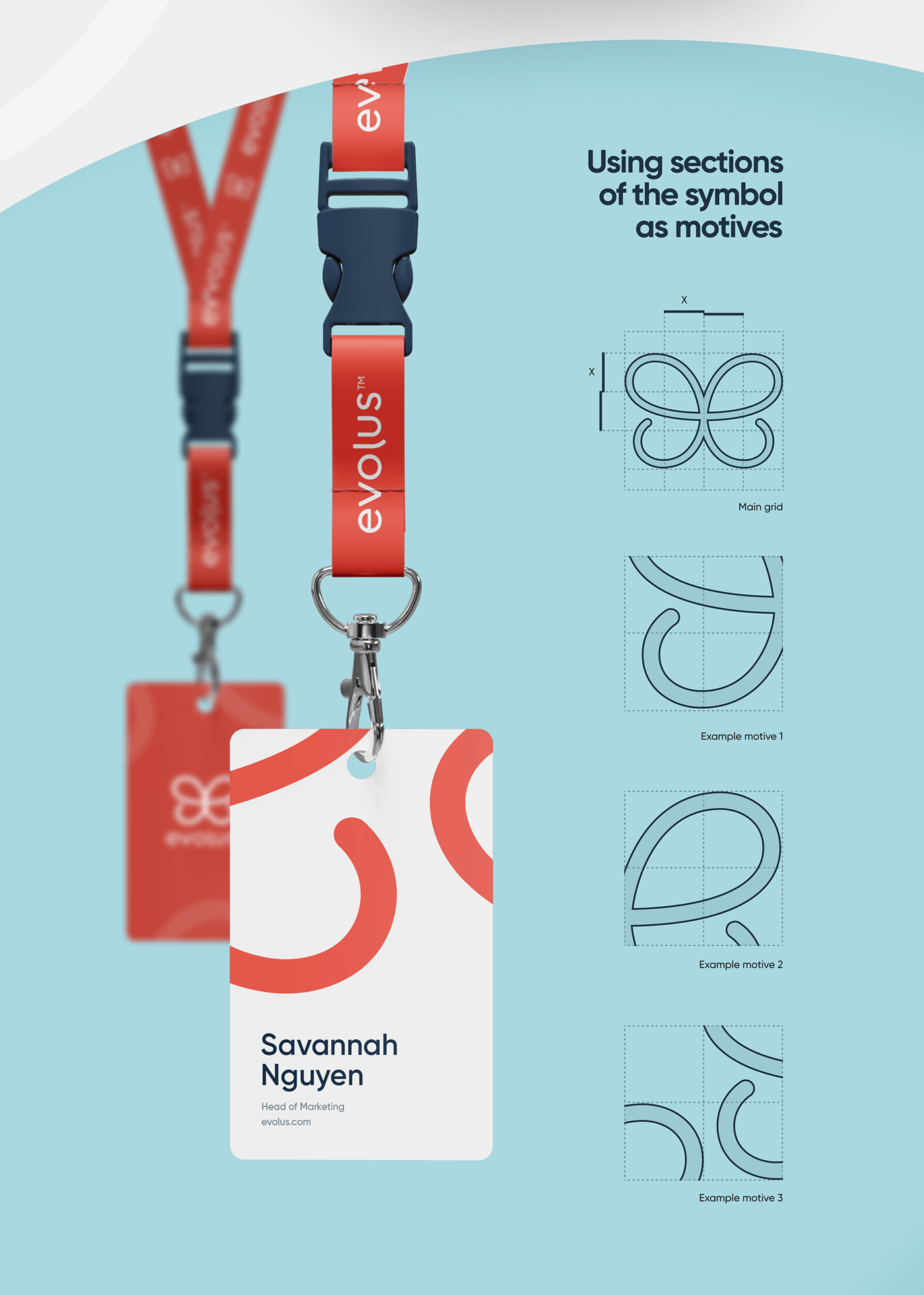 Evolus’s symbol anatomy with branded ID badges featuring it and derived motifs.