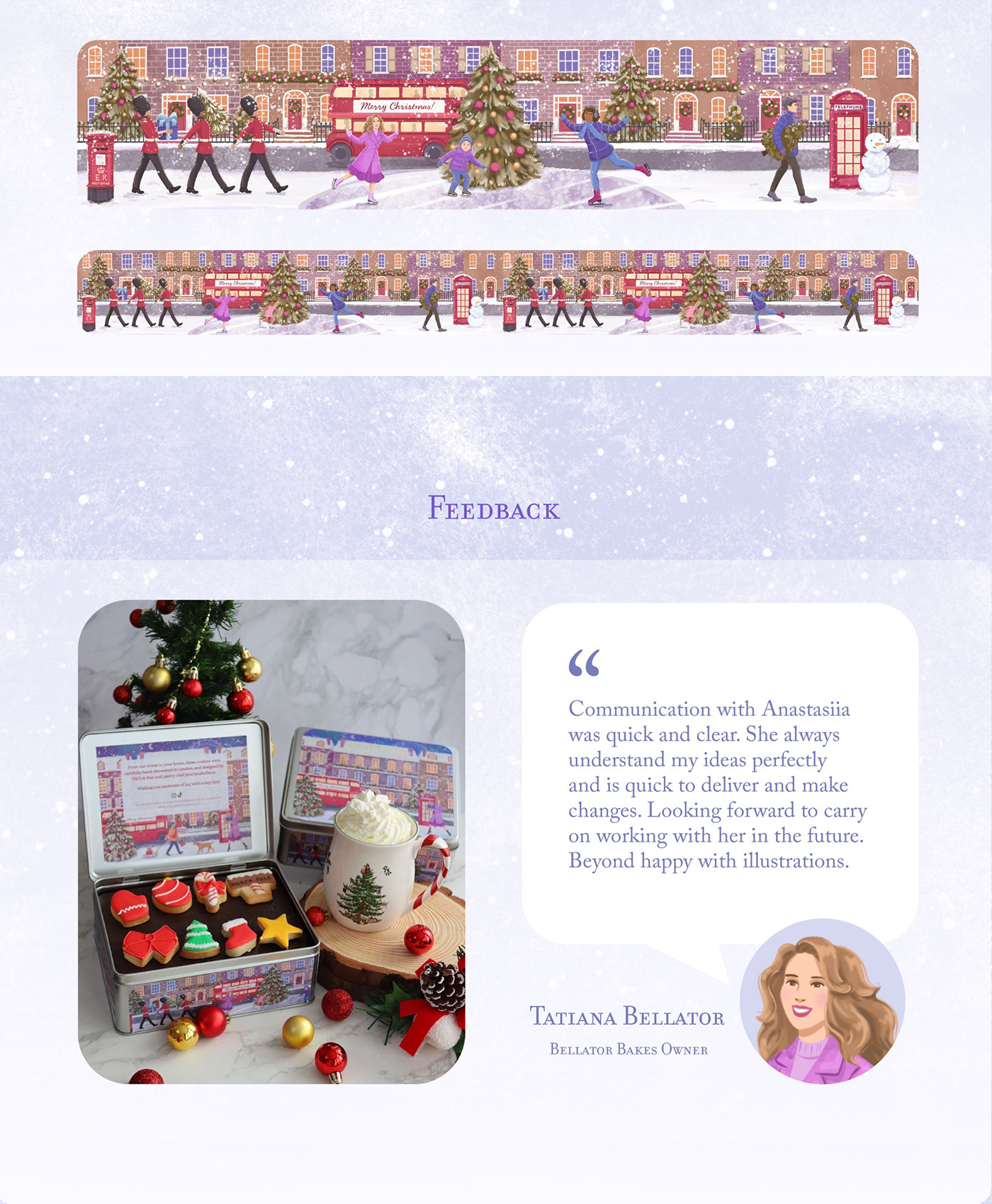 Christmas packaging illustration of London, United Kingdom
For bakery, chocolate and cookies shop
