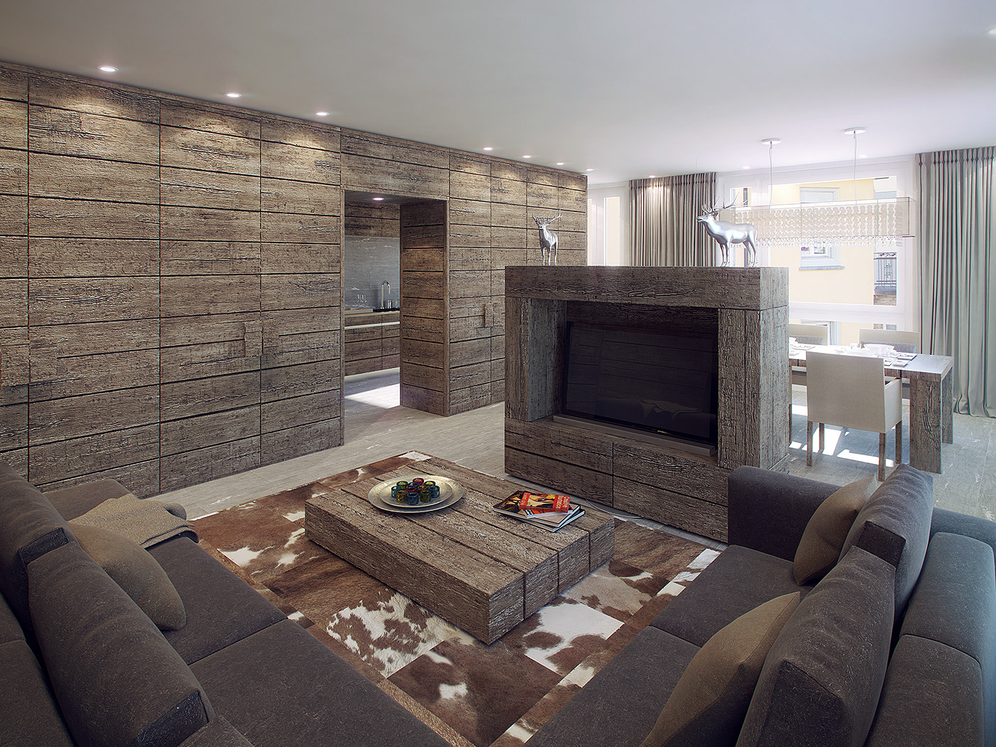 3D CGI visual warm St. Moritz apartments highclass expensive wood graphics