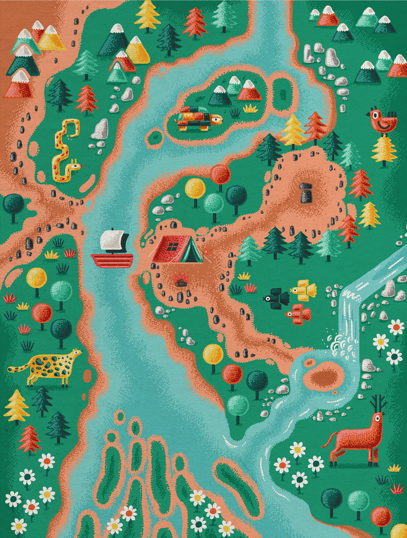 game Nature camping adventure Pointillism ILLUSTRATION  map illustration map
