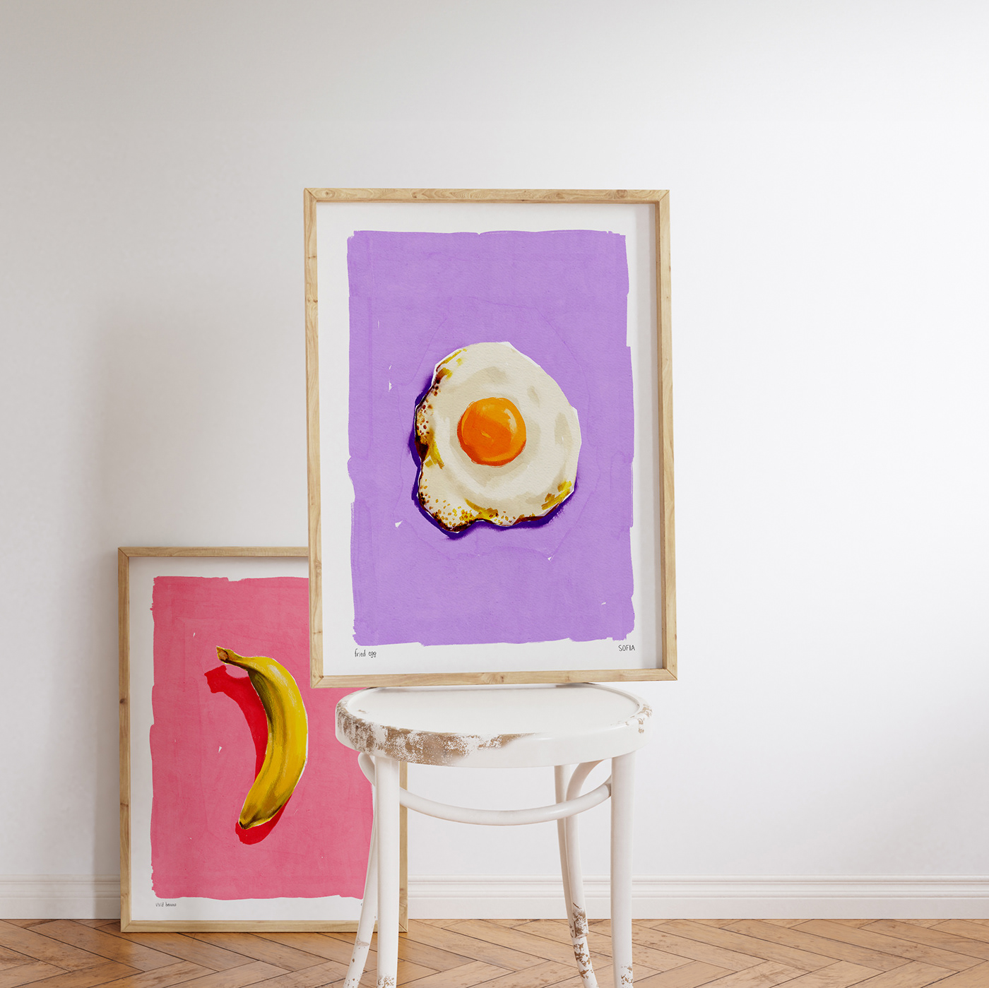 Gouache painting of a fried egg on purple colorful background wall decor shop