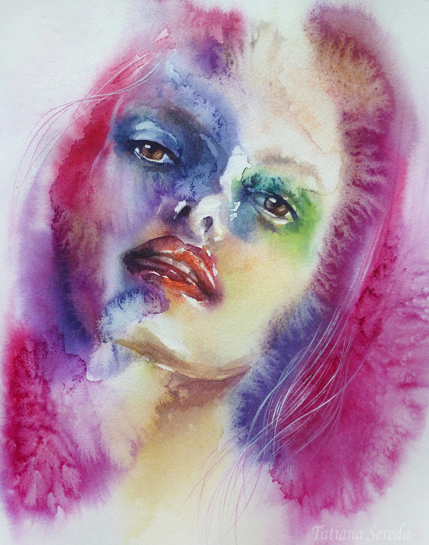 watercolour FINEART painting   watercolor portrait face pink colorful abstract colors
