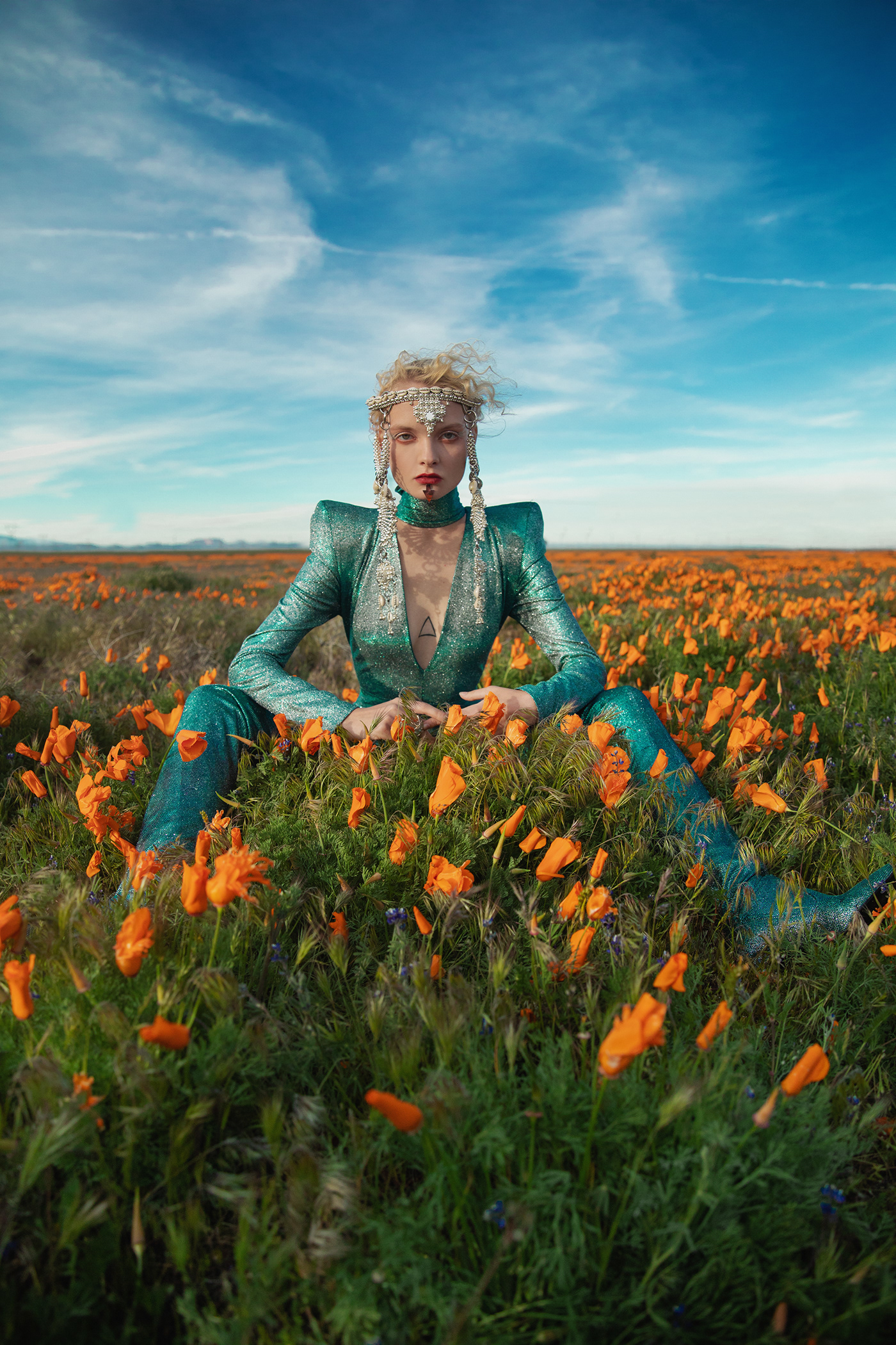 poppy flower Nature field Fashion  Surrial alien makeup wind portrait