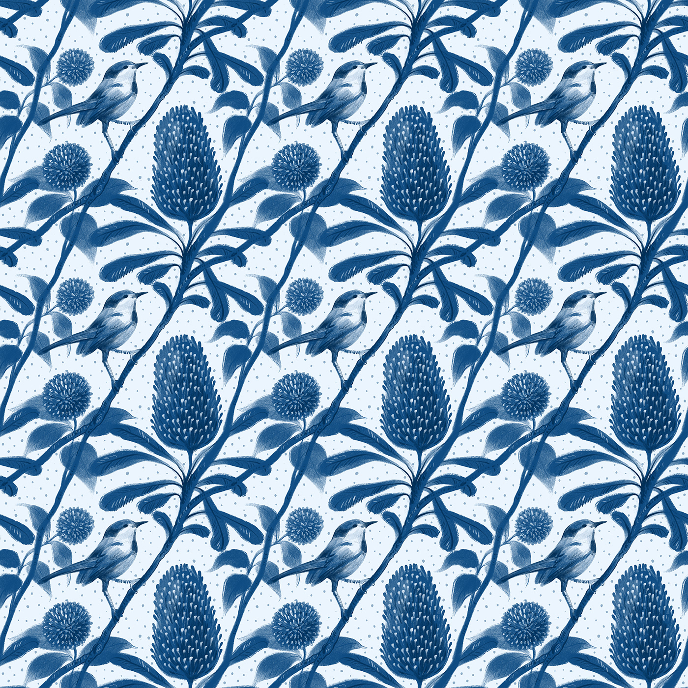 Australia bird blue botanical dots floral Flowers Nature pattern