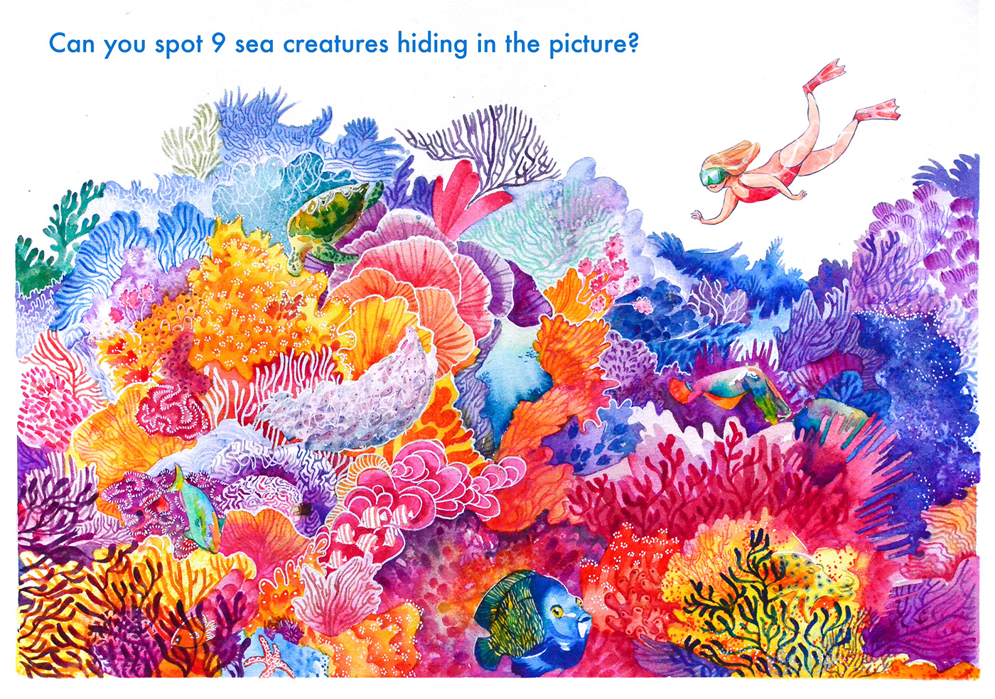 childrens illustration coral diving educational environment fish illustration for kids sea creatures Turtle underwater