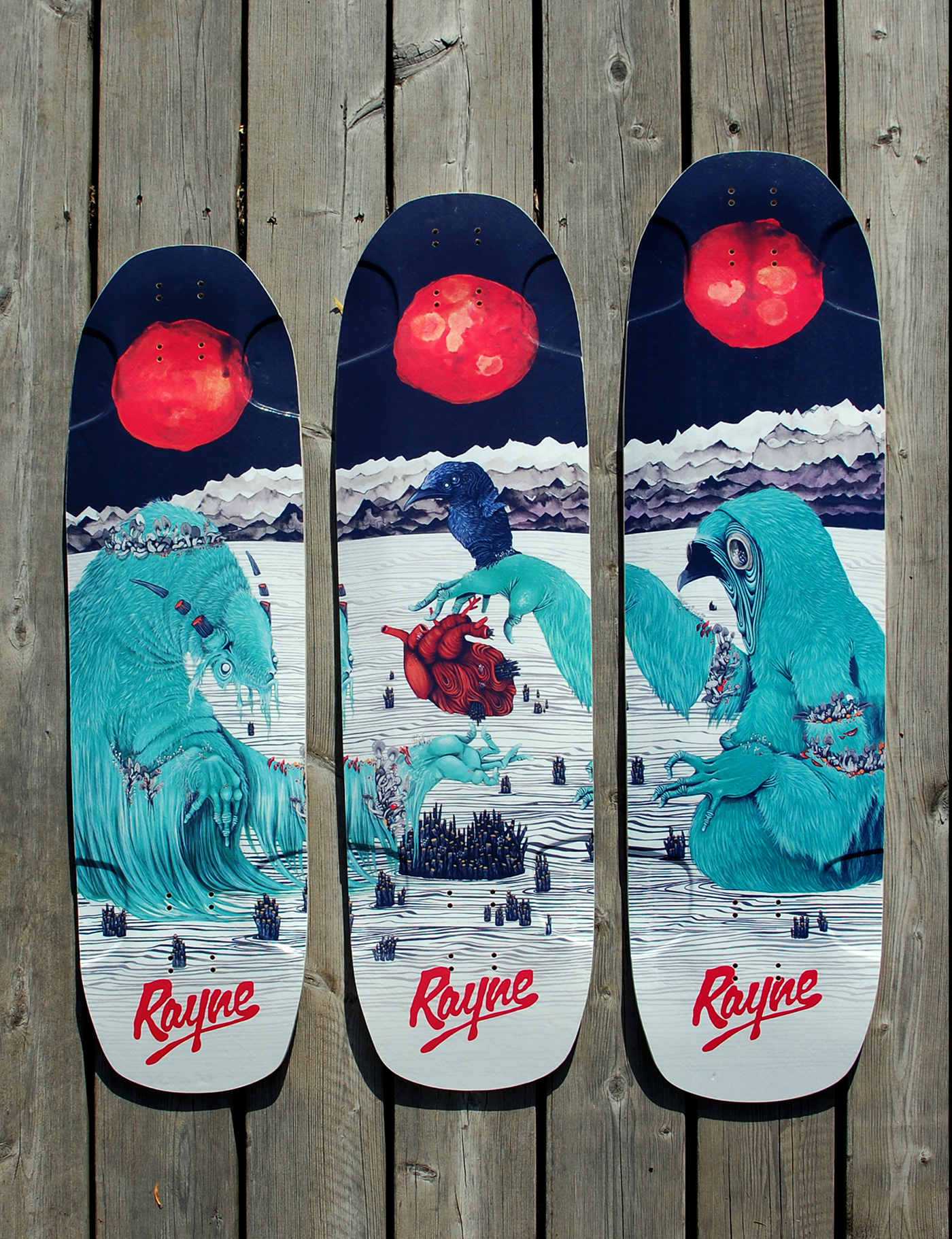 Rayne LONGBOARD rayne longboard longboard artwork longboard graphic skate art turquoise and red blood moon