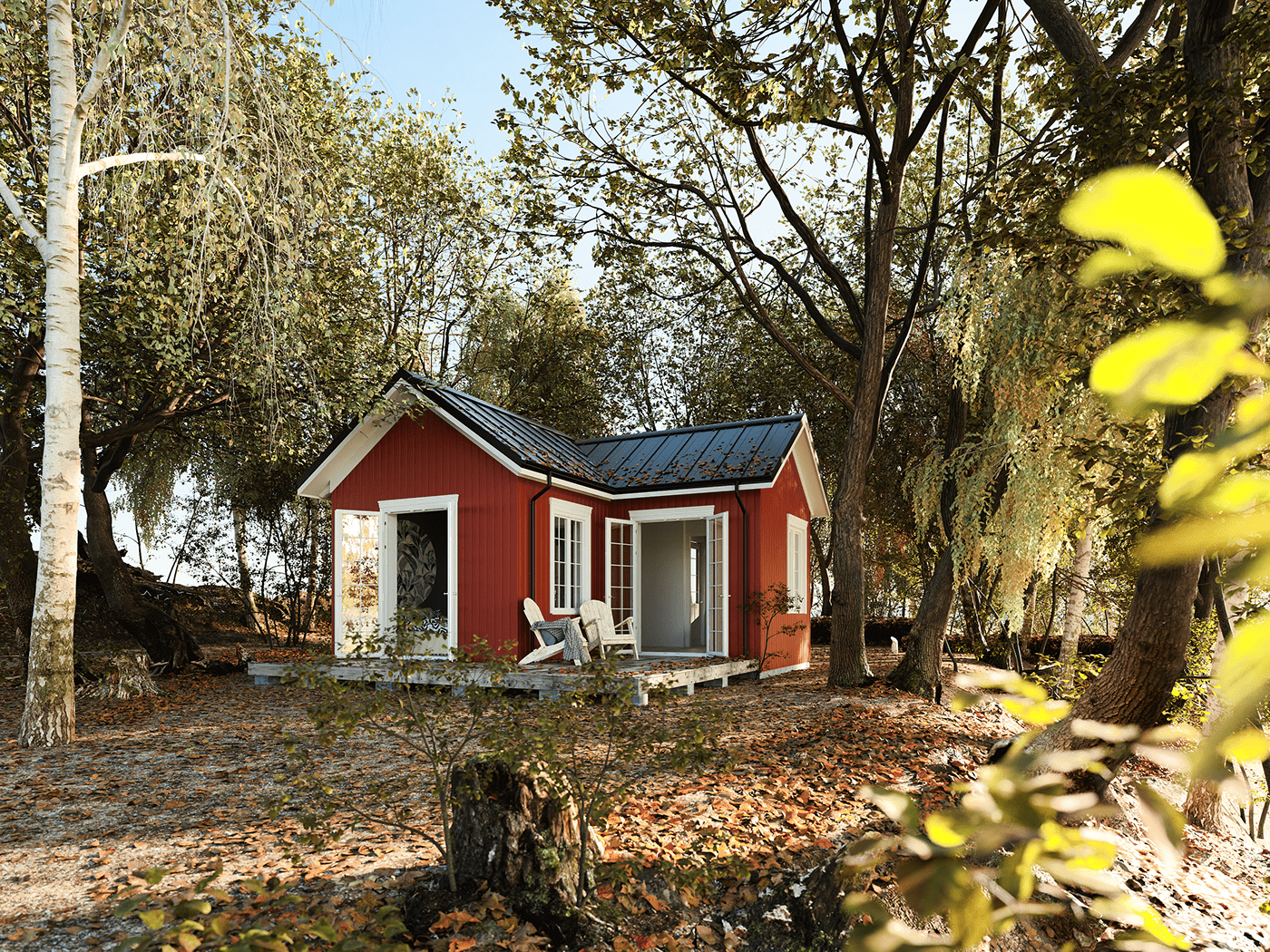 autumn blender cabin exterior Fall leaves octane red Sun Tiny