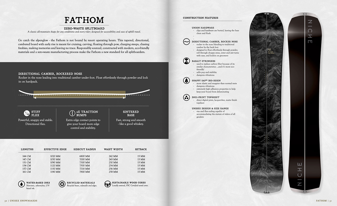 catalog product design  graphic design  brand identity Niche Snowboards Snowboarding snowboard Snowboards Layout