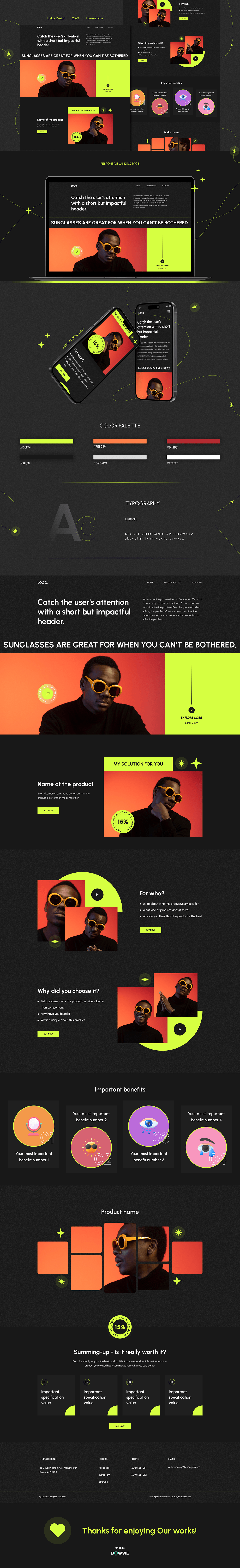 product landing page design. Free template Dark. Black, red, orange, yellow, contrast.