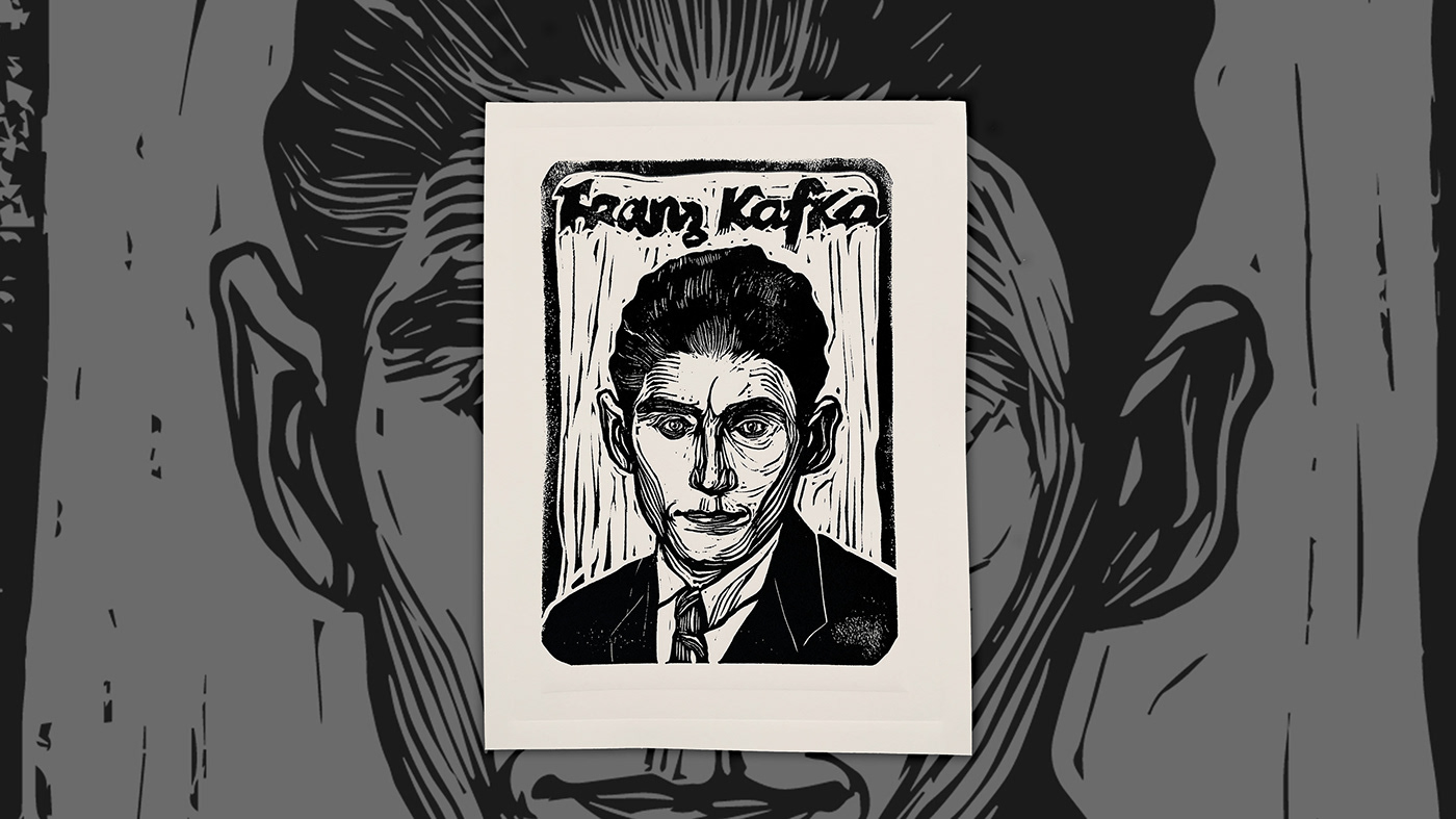 Franz Kafka linocut portrait print linoleum block printmaking
