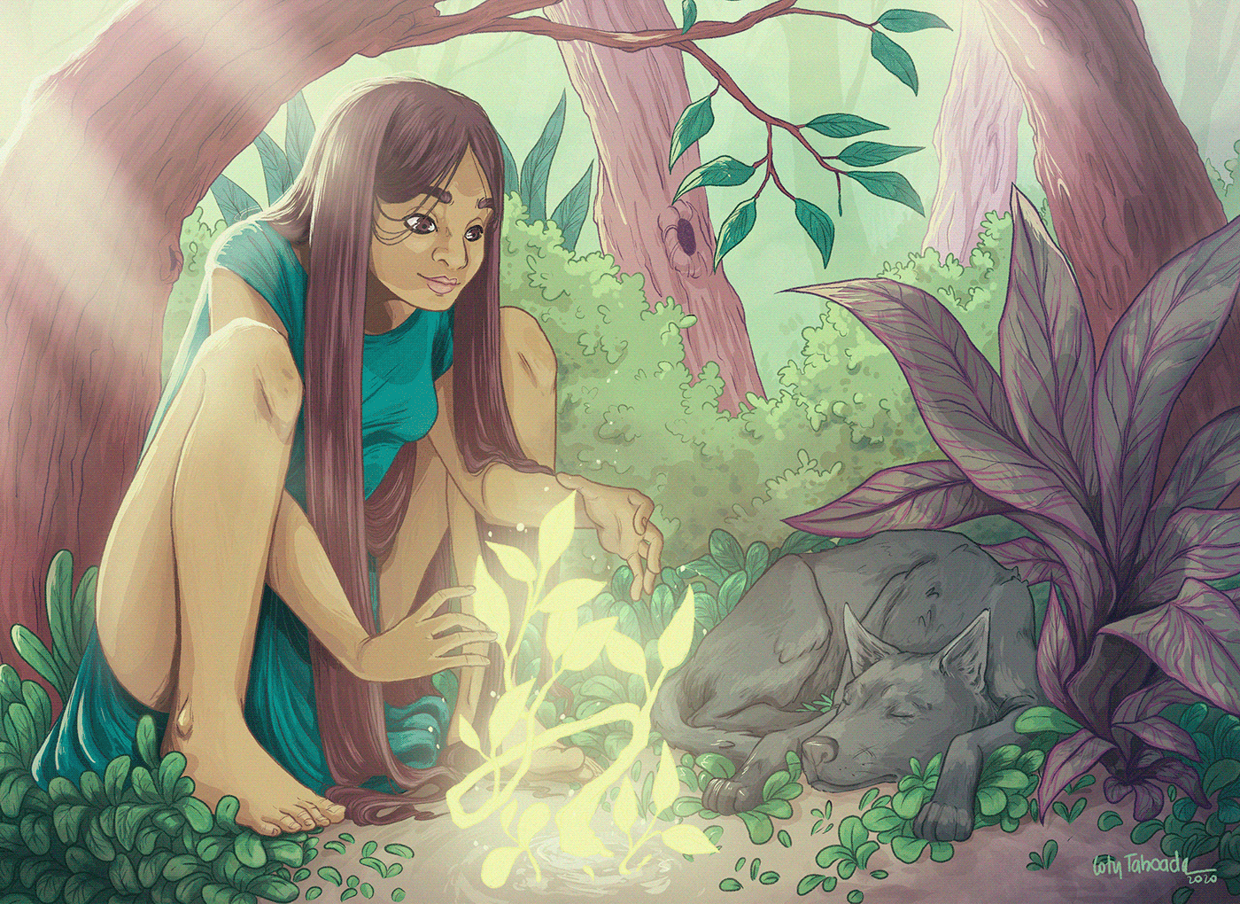 dog forest girl light Magic   Nature plants Sun Visual Development witch