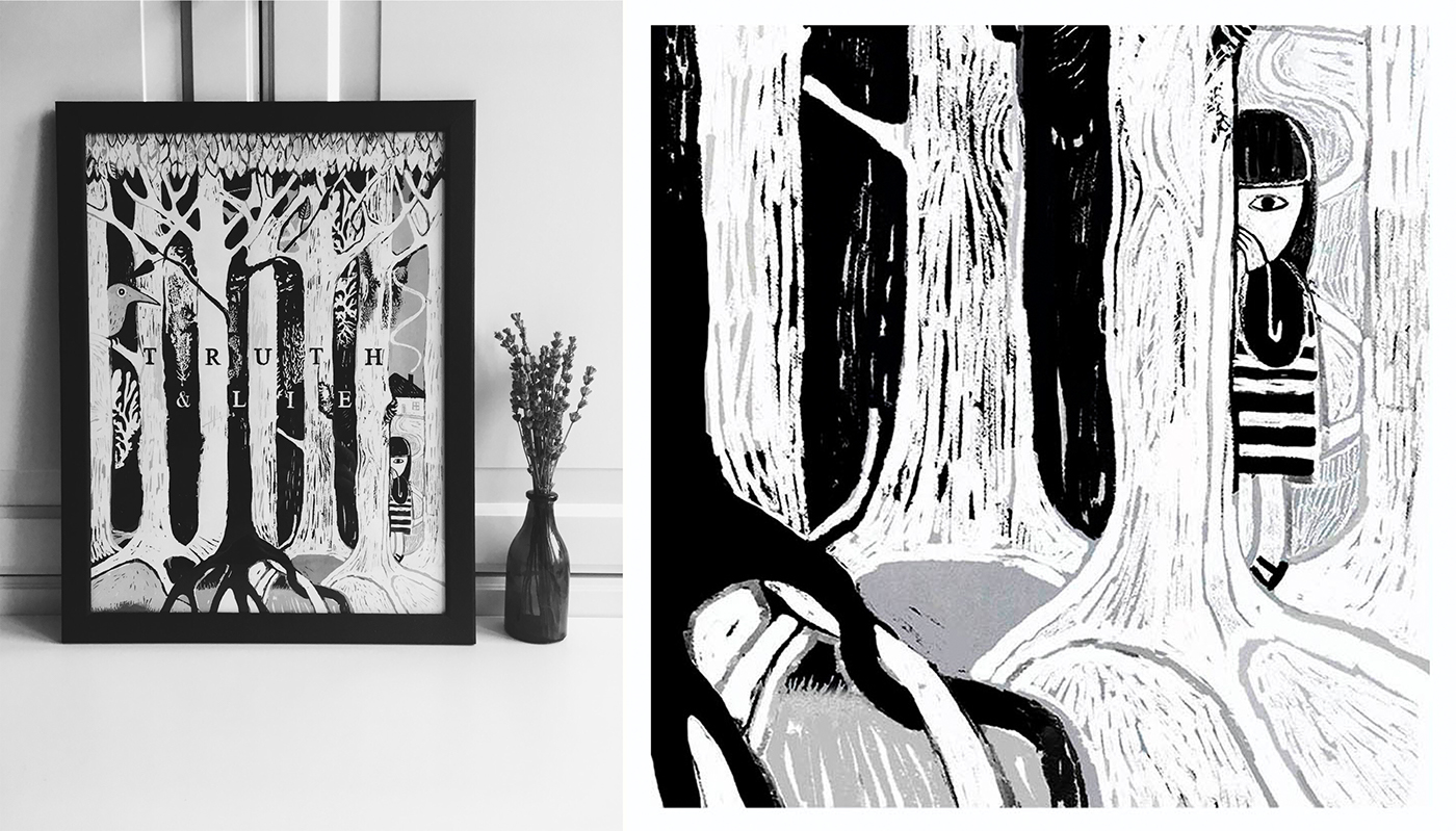 black and white poster art truth and lie ink linocut forest fear crow