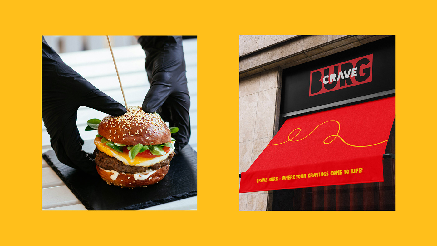 A sign for a burger joint with bright red and yellow colors and serving a burger with black gloves