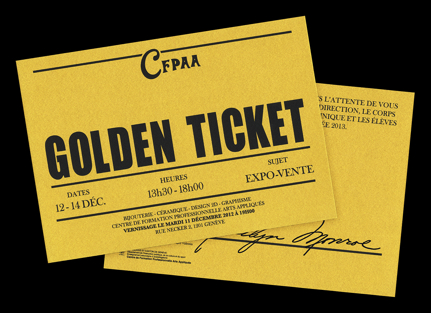 golden Or ticket exposition cfpaa eaa Chocolaterie Charlie charlie et la concours gagnant flyer poster