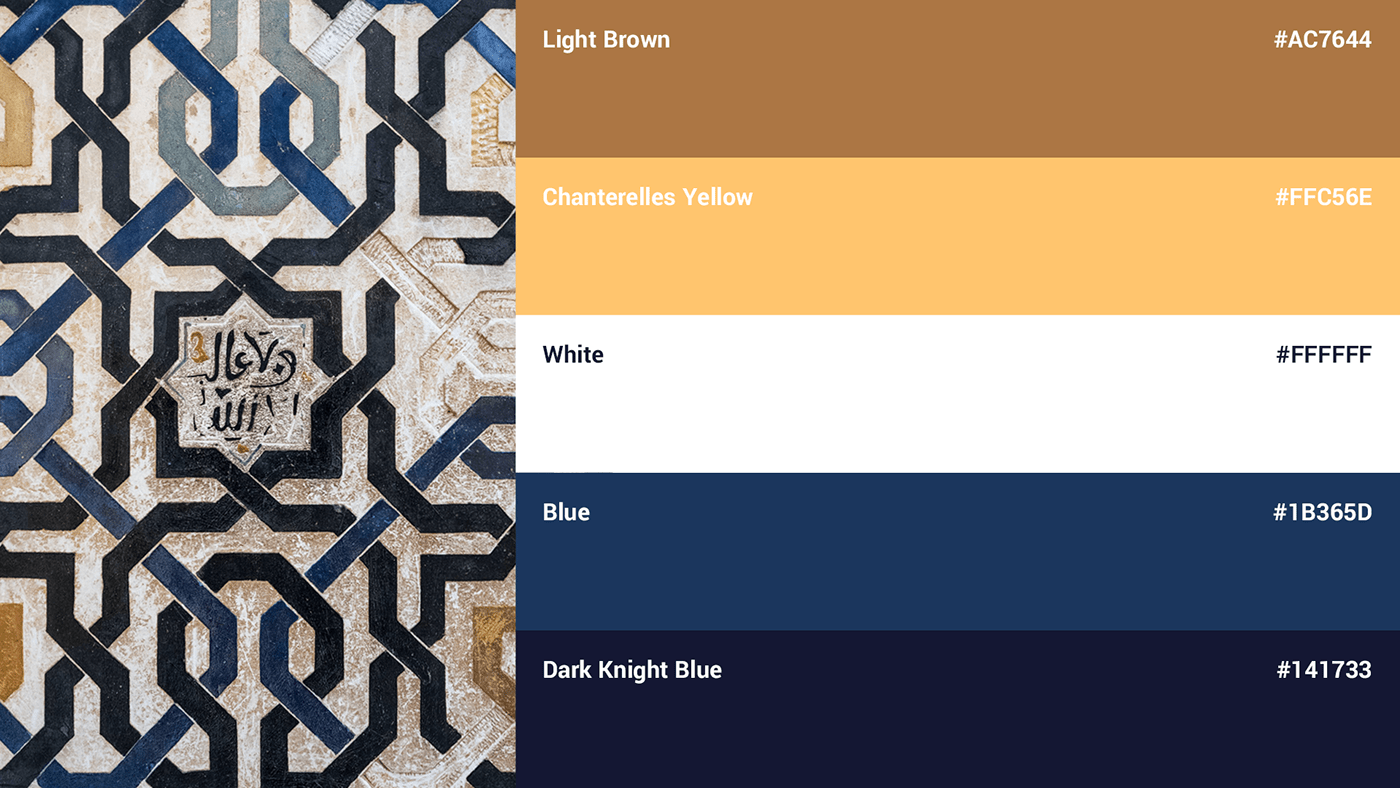 Brand color palette: light brown, chanterelles yellow, white, blue & dark knight blue.