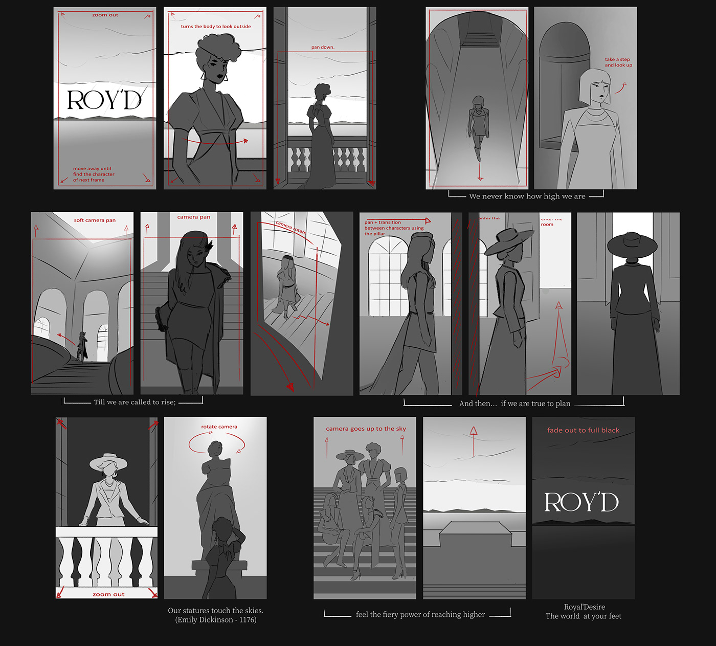 Alt Text: A series of storyboard illustrations with contemplative moments