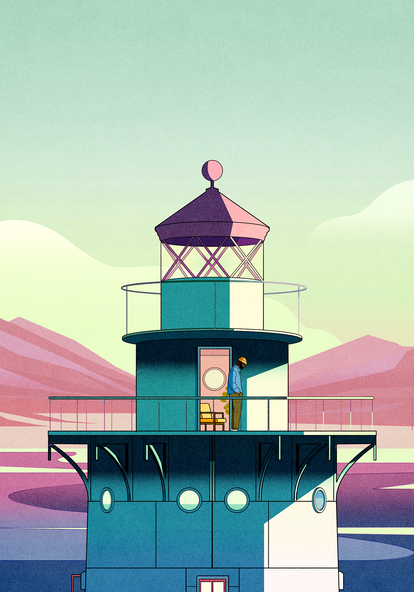 ILLUSTRATION  lighthouse symmetry colour sunset seascape beach sea mountains