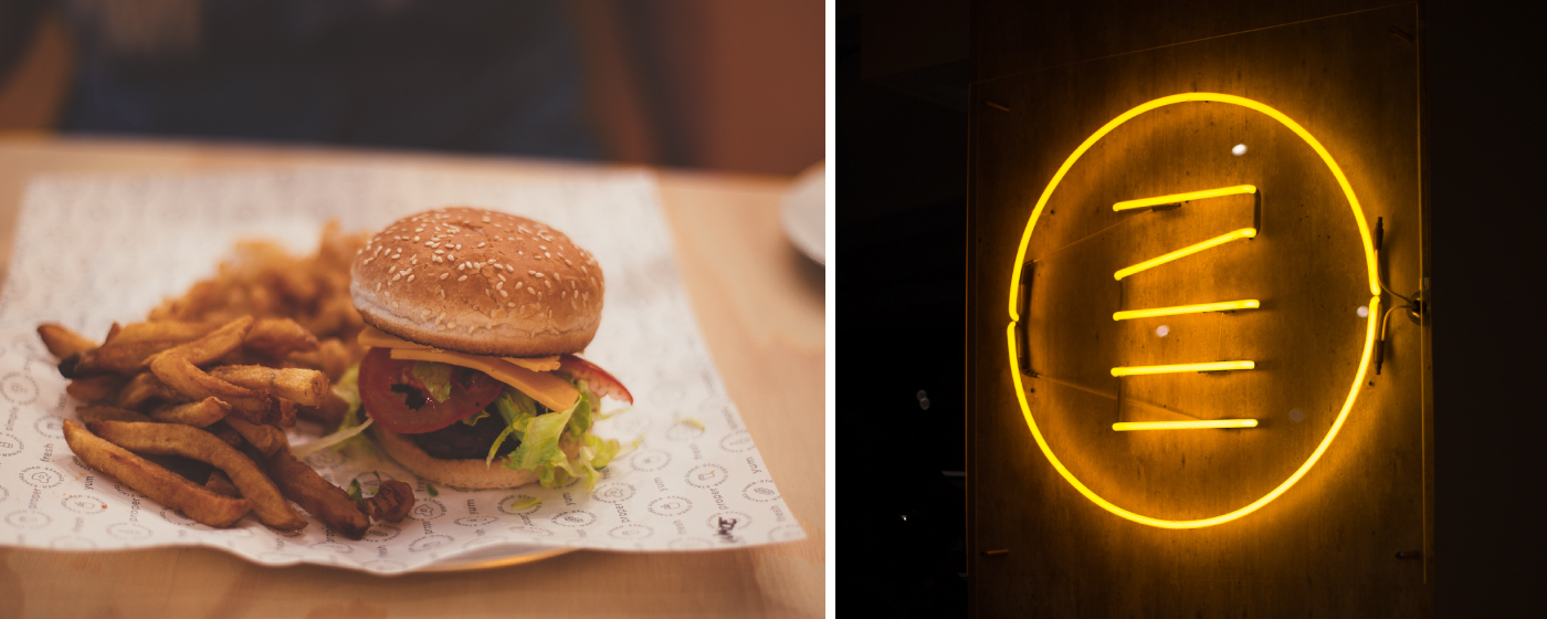 Burgers Food  takeaway diner restaurant menu chips hotdogs neon decor