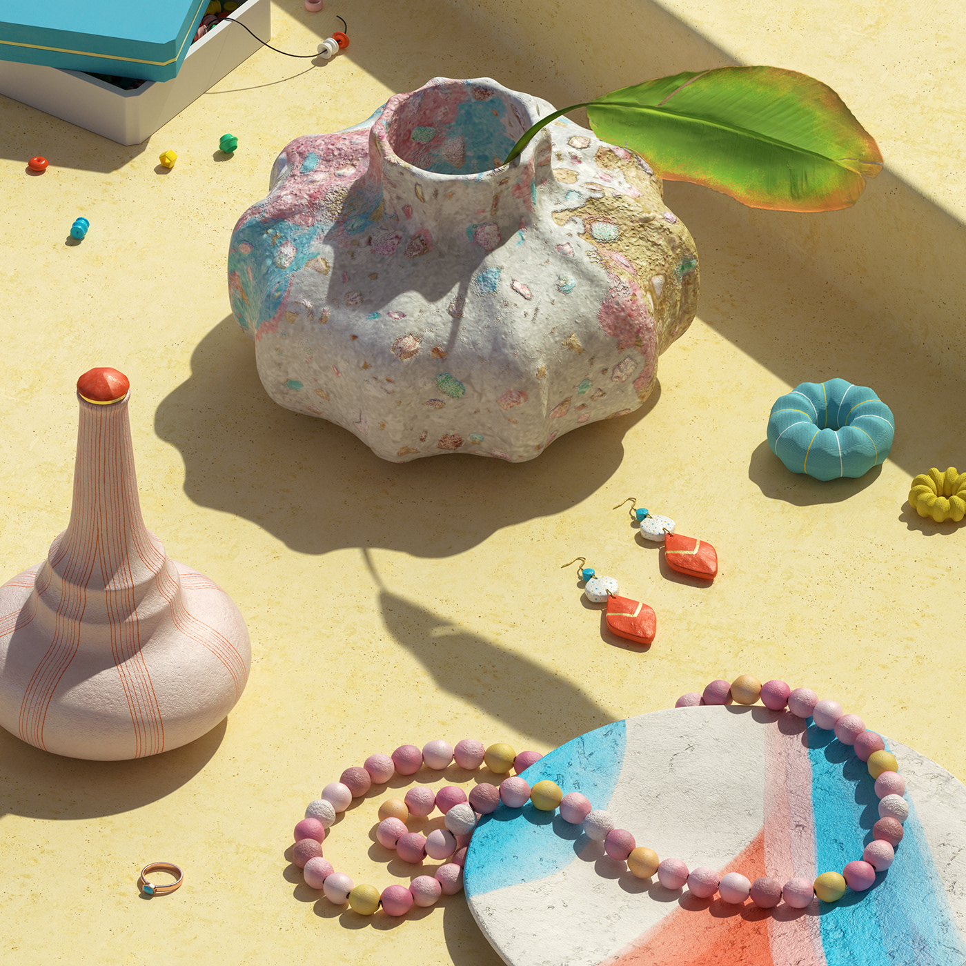 3d set design ceramic and handpainted pieces rendered with redshift
