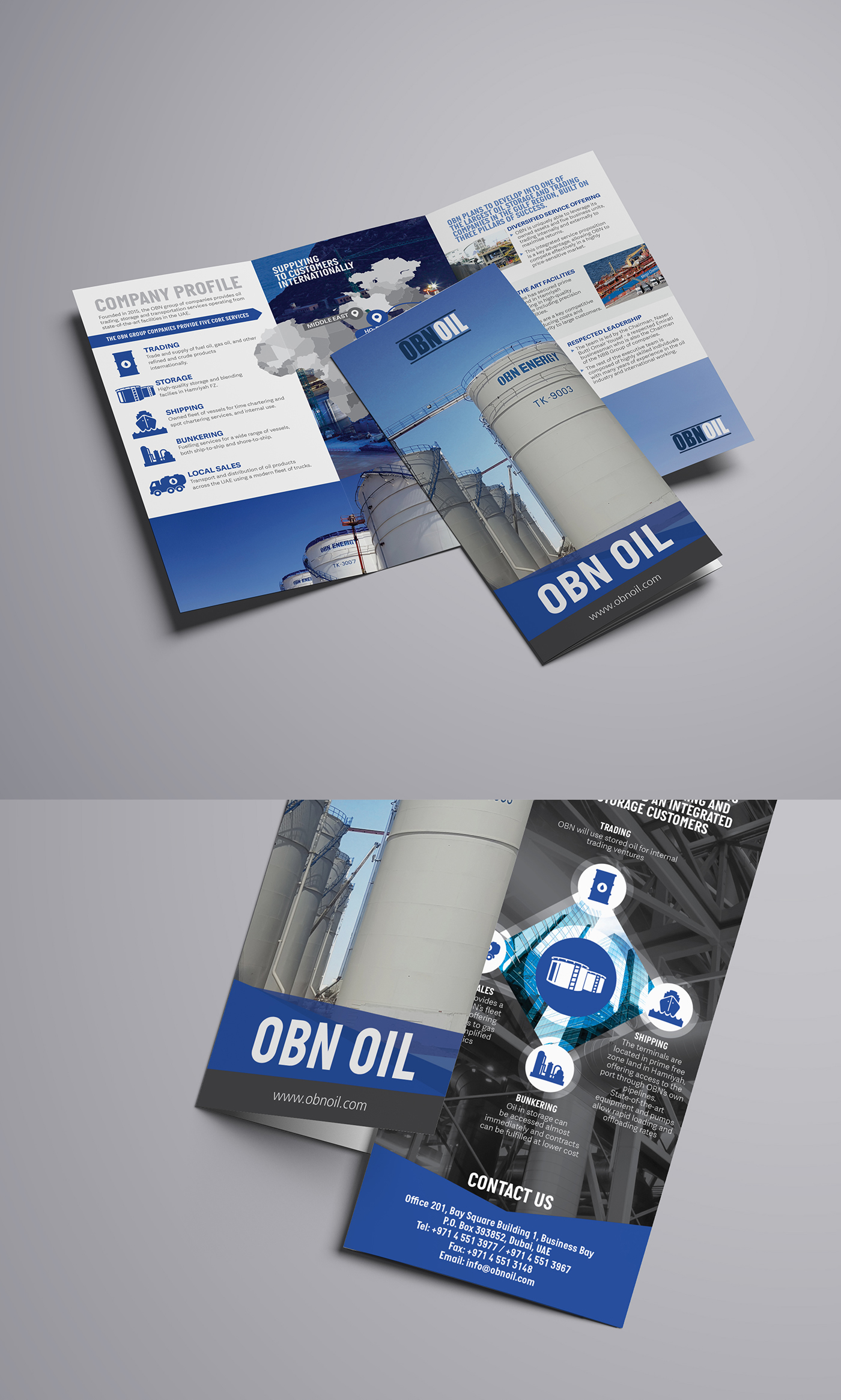 blue shipping trading oil storage Global a4 brochure tri-fold trifold