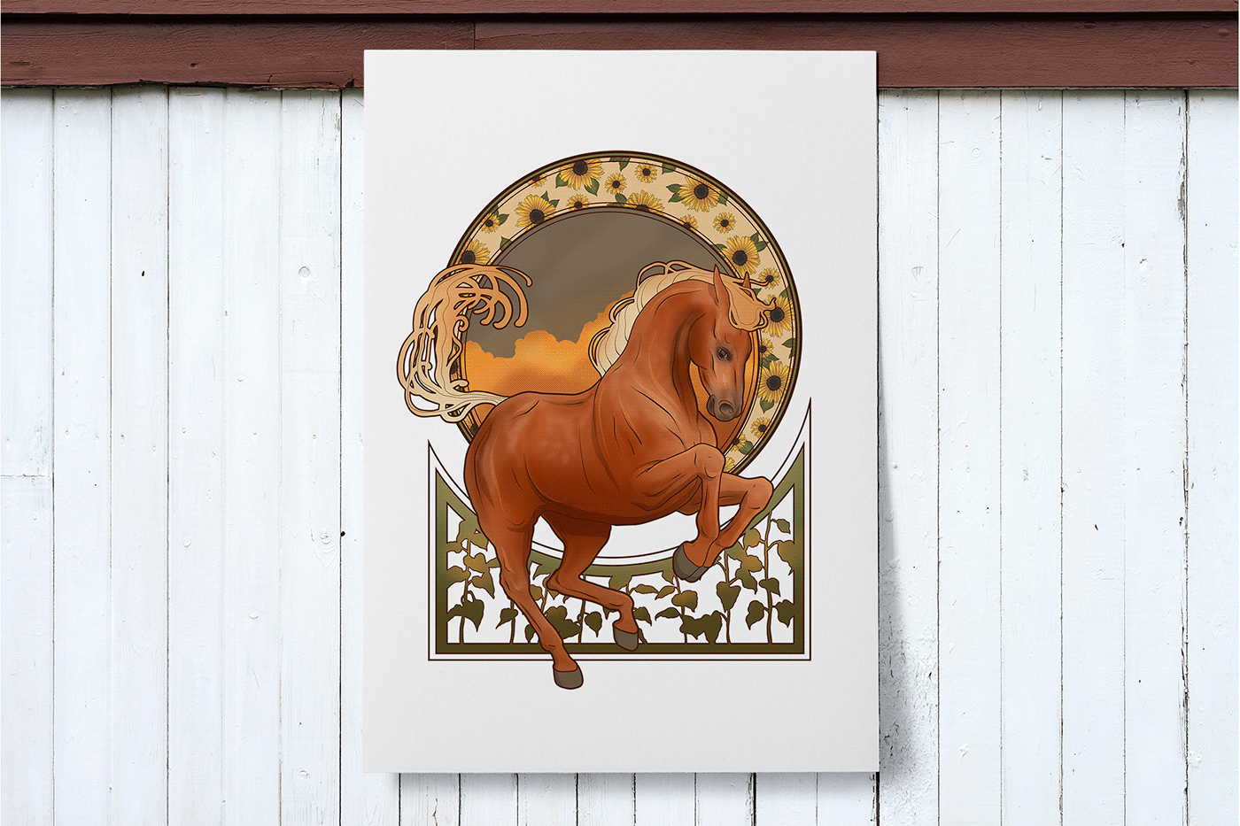 Alphonse Mucha Animal Print animals Beautiful horses Circle Composition Digital Art  horse art horse illustration horse poster horses