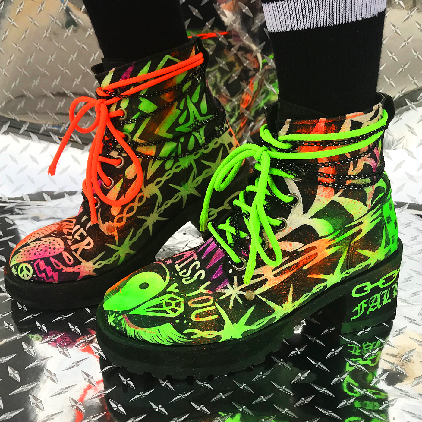 HAND LETTERING textile design  surface design shoes Hand Painted boots goth neon apparel Fashion 