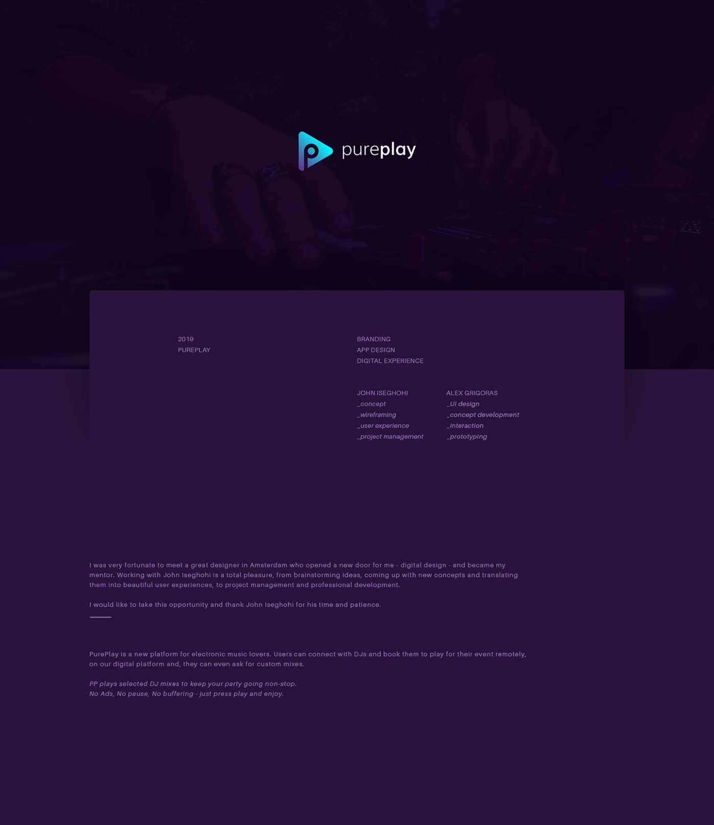 dj PUREPLAY digital Platform UI ux product design development music