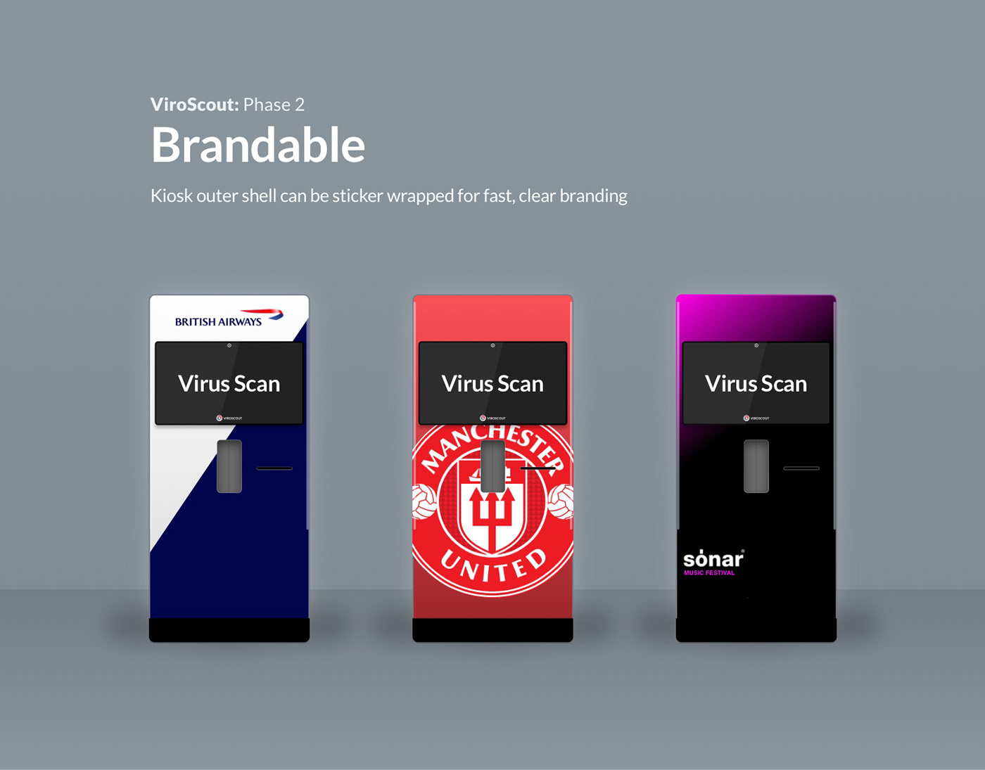 A mock-up of VirusScout Kiosk with 3 branded examples: British Airways, Manchester United & Sonar