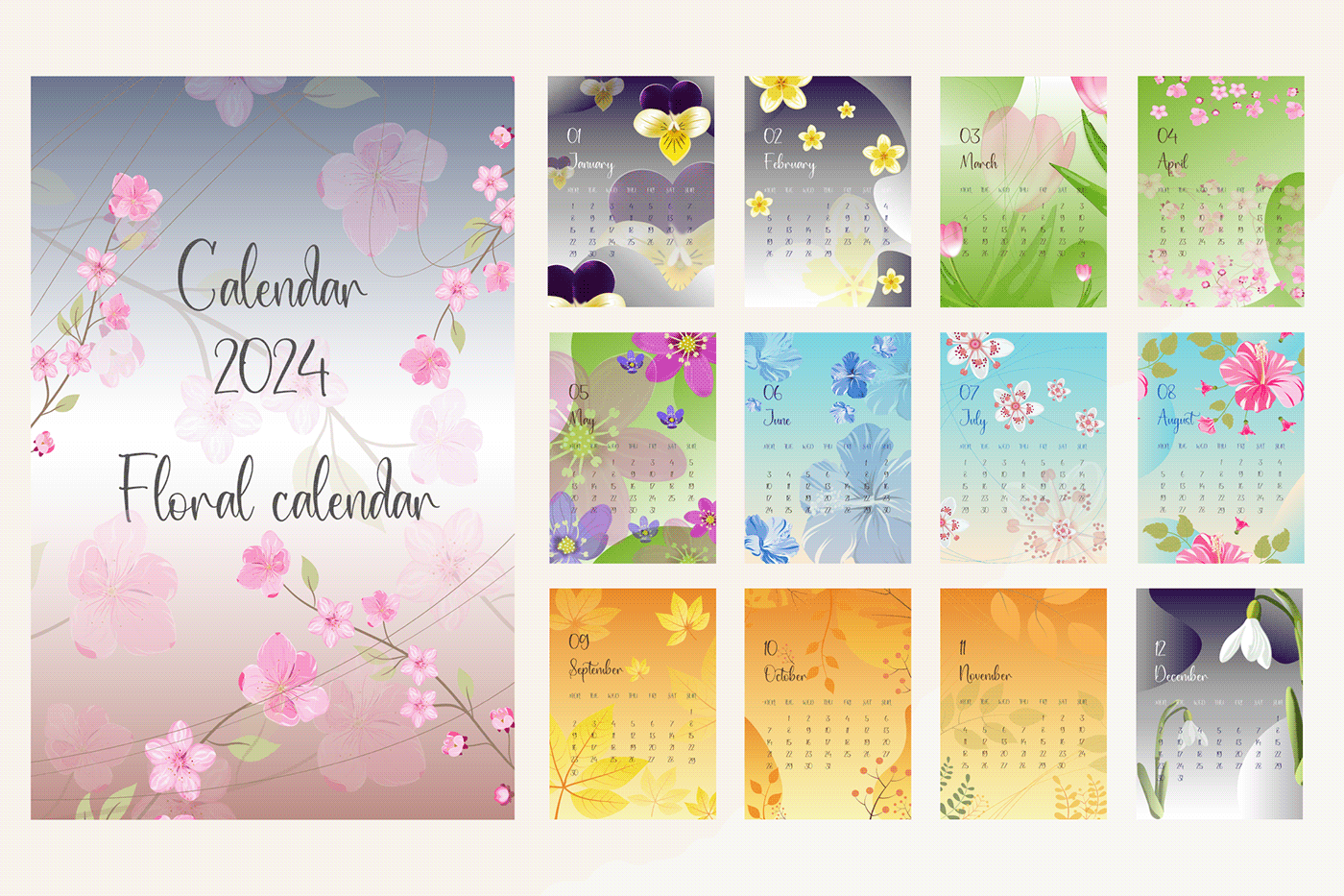 2024 calendar new year calendar design Graphic Designer vector artwork Flowers floral Nature