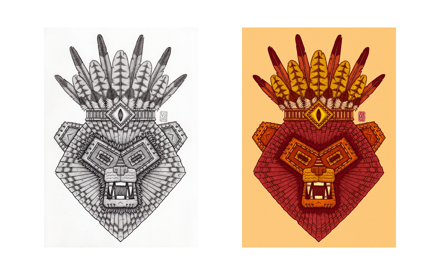 Lion mask lion art tribal mask digital illustration inking hatching feathers tribal art tribal illustration African mask