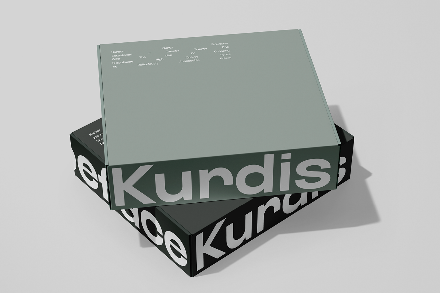 boxed with large type on the sides and small type with lots of negative space on top