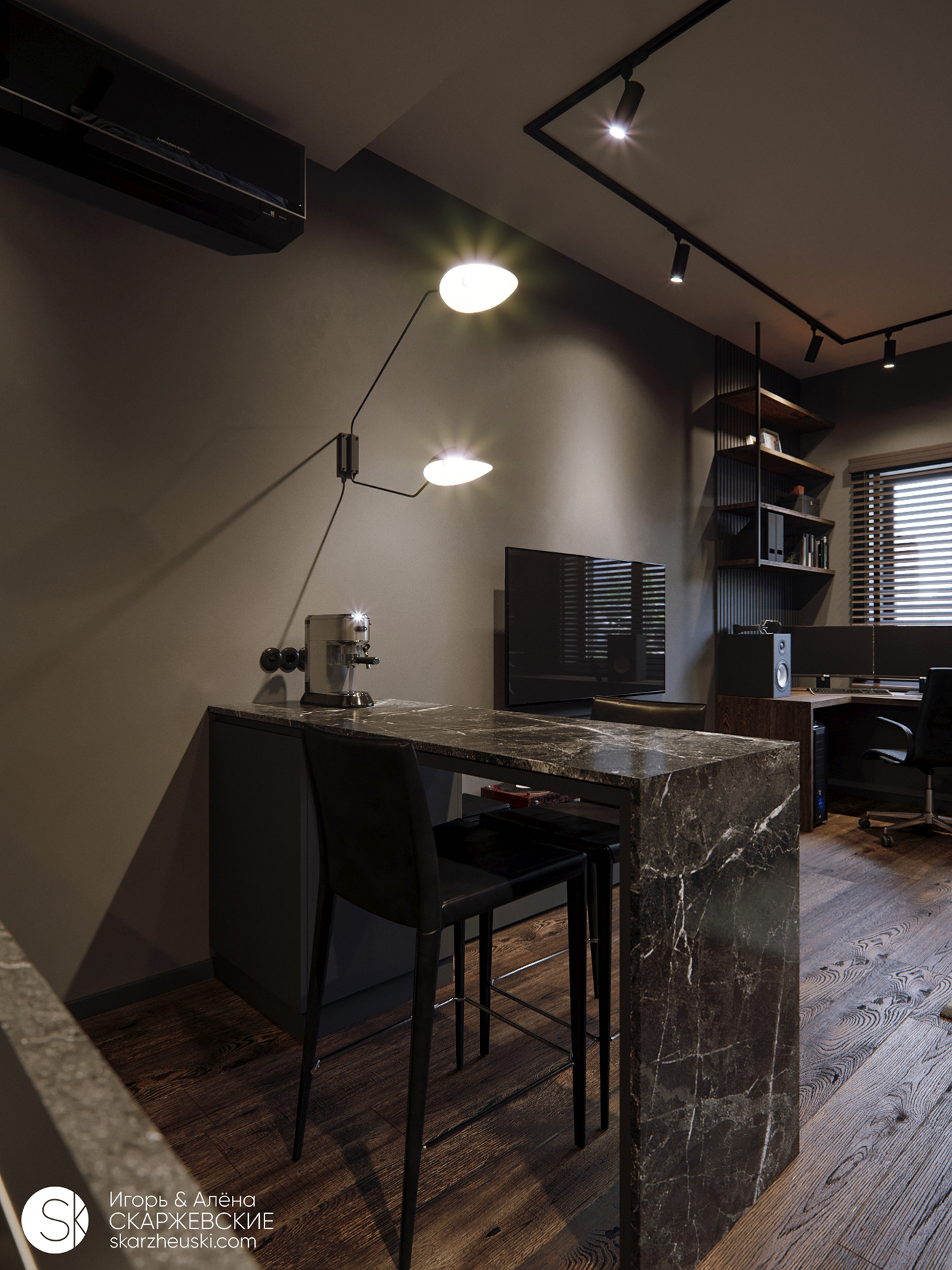 Interior design dark apartment flat coronarenderer corona Minimalism 3ds max visualisation