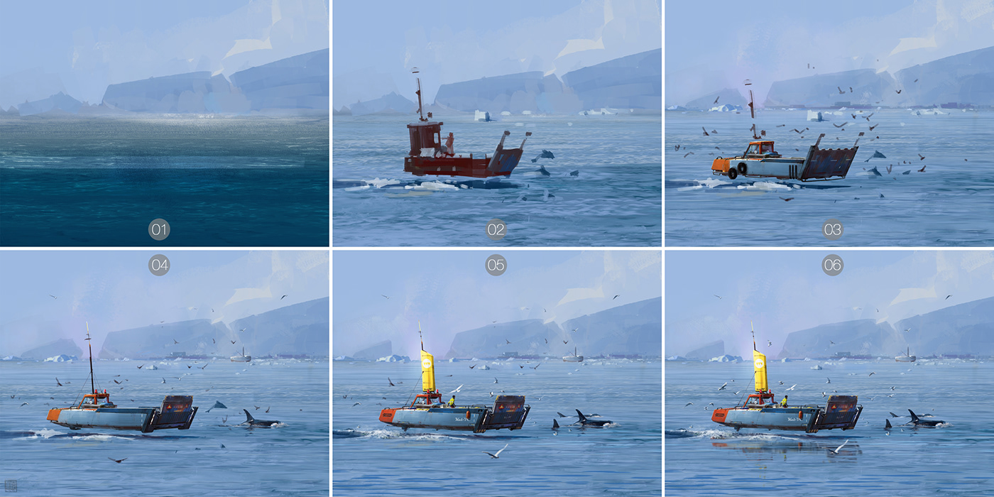 barontieri concept art digital painting heelspit hovercraft hoverpod Island killer whale relay Visual Development