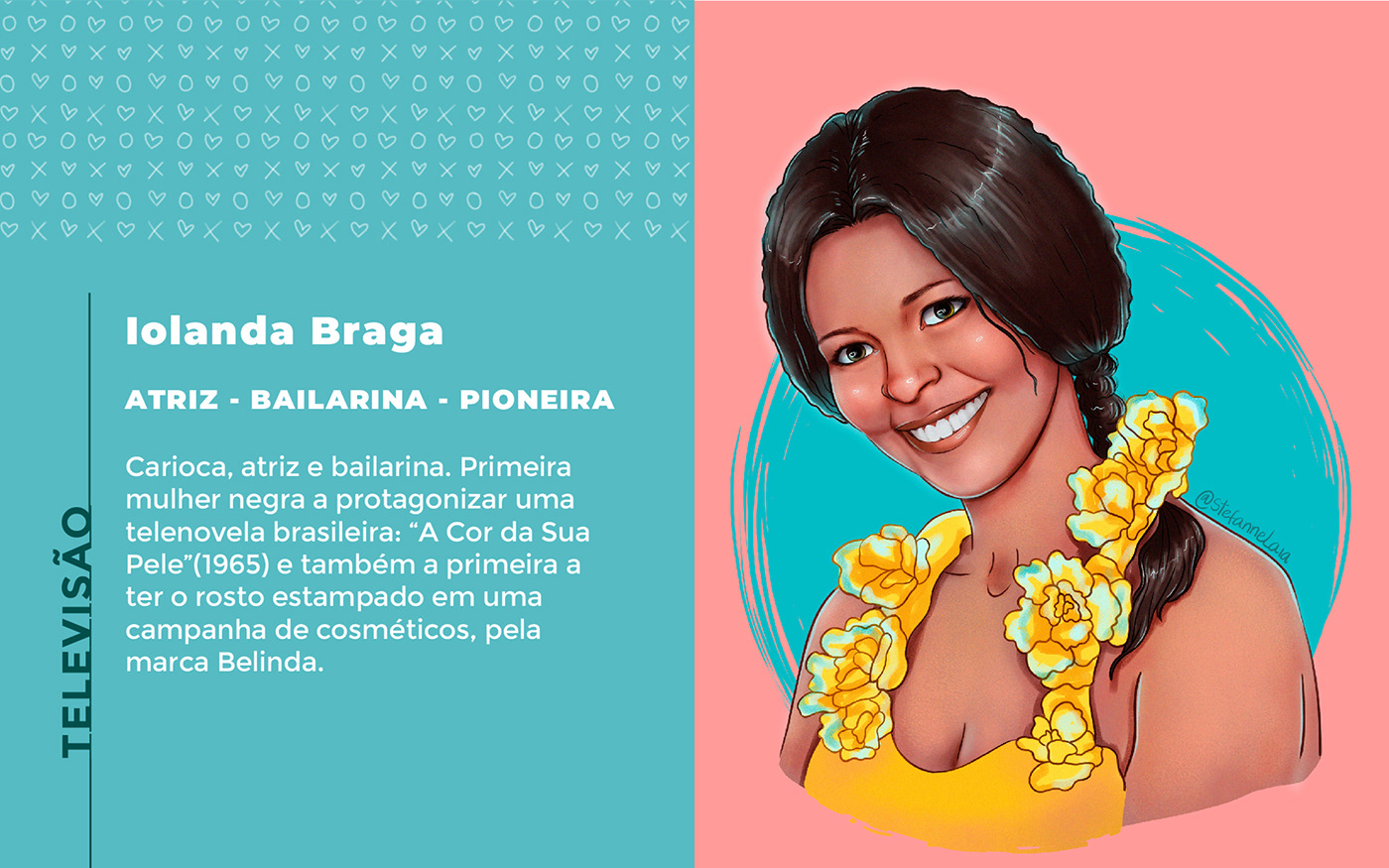 An illustrated portrait of Iolanda Braga the fist black actress to be the protagonist of a tv novel.