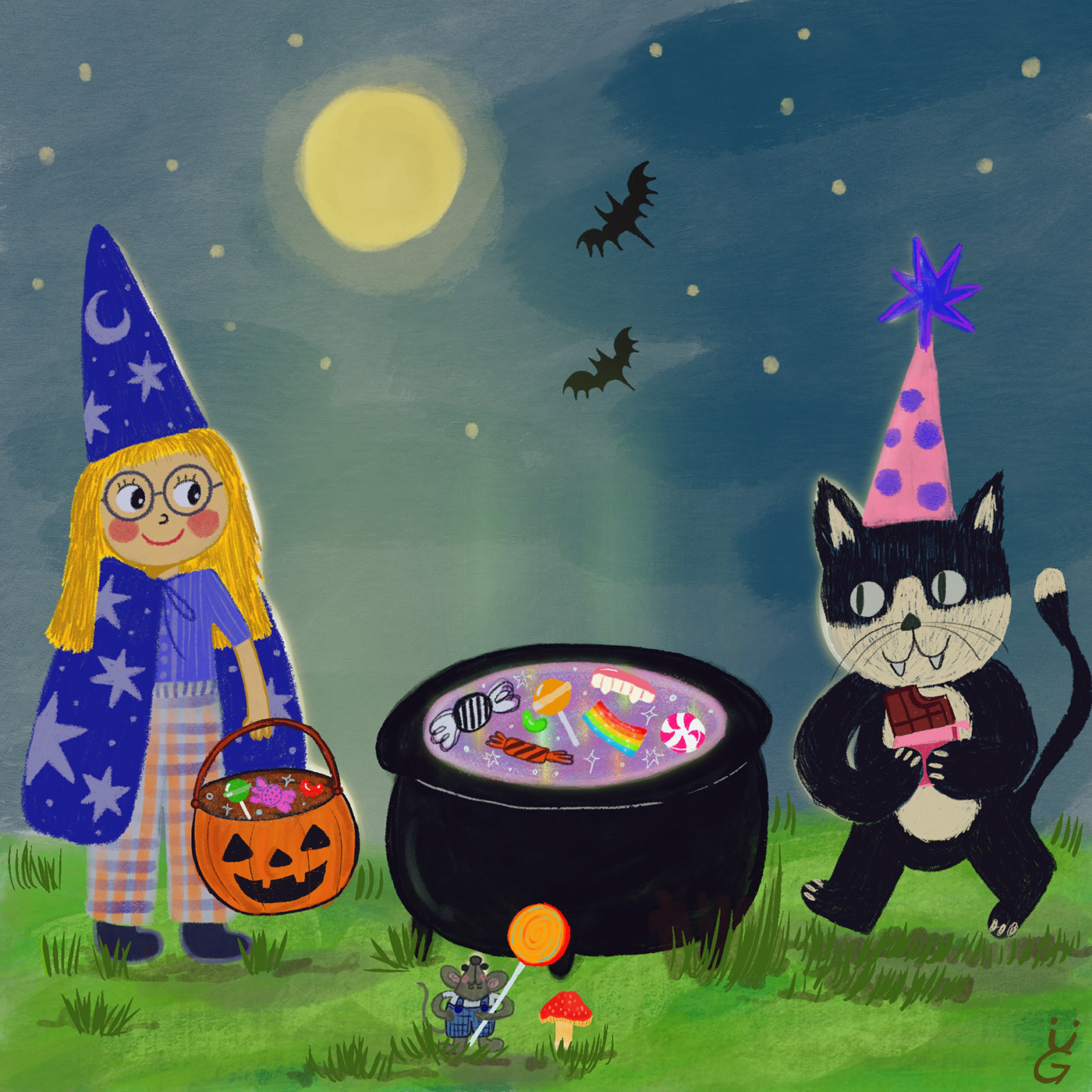 Halloween ILLUSTRATION  Candy Cat pumpkins moon trick or treat childrens illustration