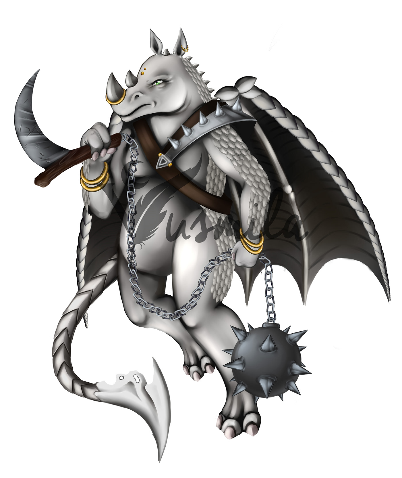 Rhino War warrione scyth fight Character design commission yusmila Armor