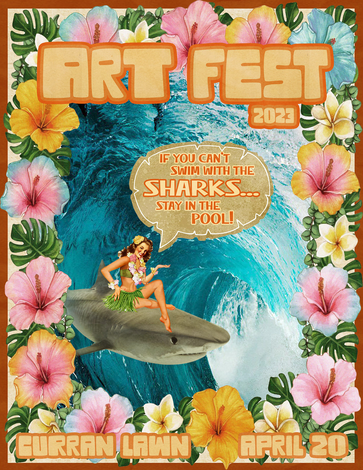 vintage shark beach graphic design  Ocean Hula Surfer Girl