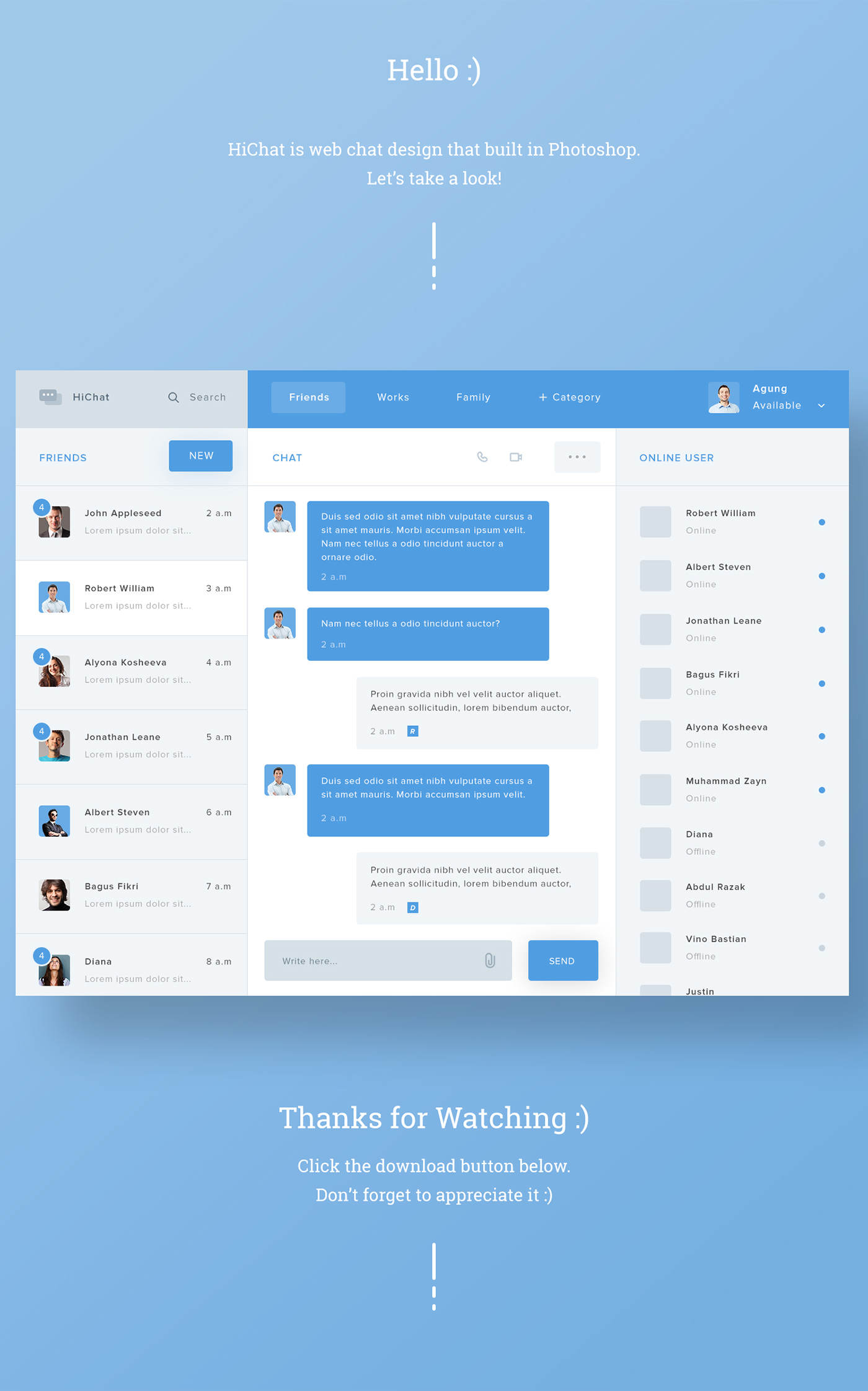 Project Chat free psd Freelance UI ux clean blue flat