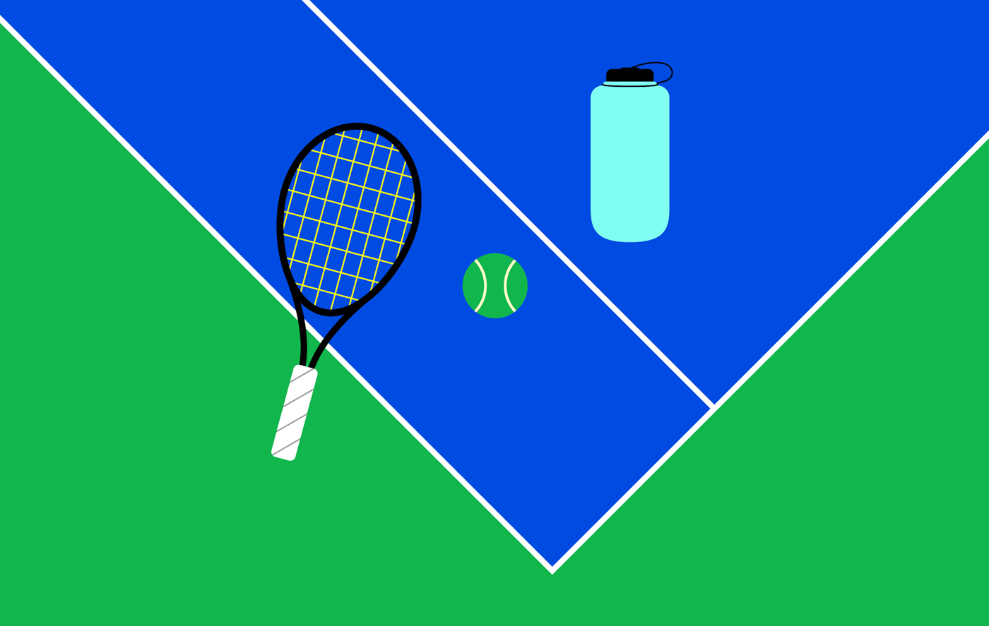 Illustration of tennis ball, racket, and water bottle on the tennis court