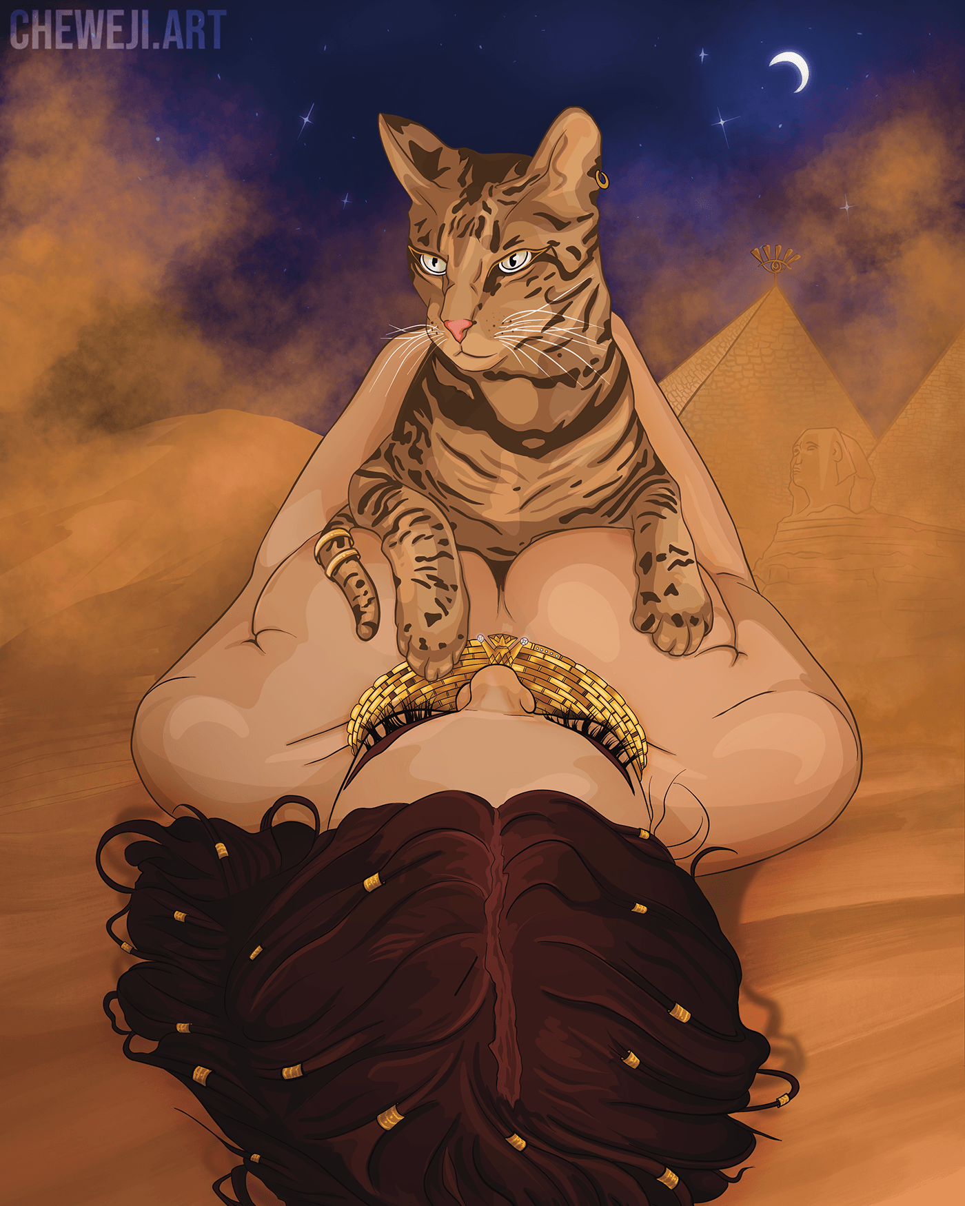 goddess Bastet Cat pyramids egypt moon night