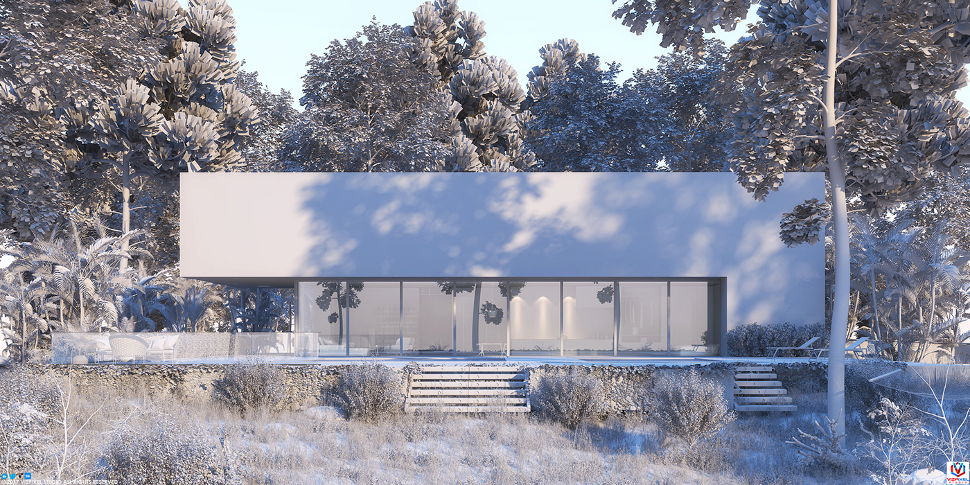 archviz Render modern house Landscape morning mood trees animation  day view HDRI visuals