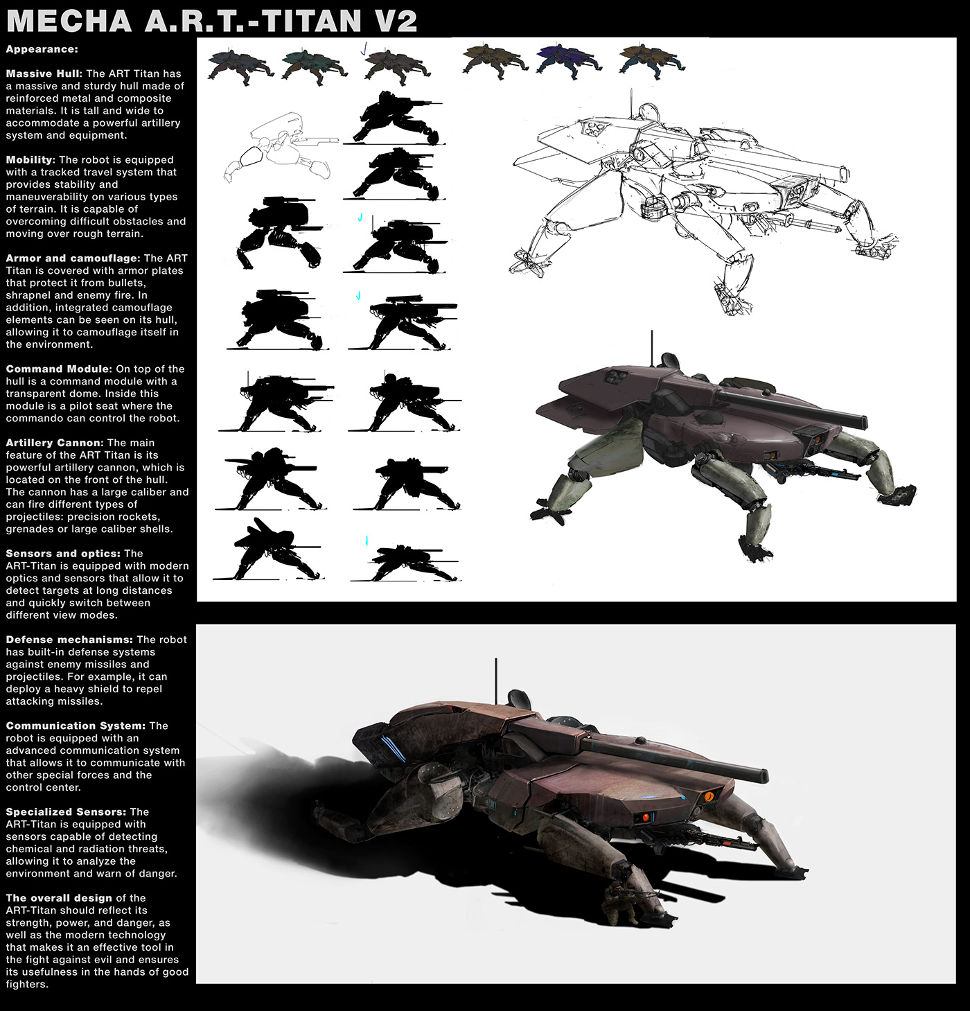 Concept art worksheet of sci fi mecha concept art with pre-production 