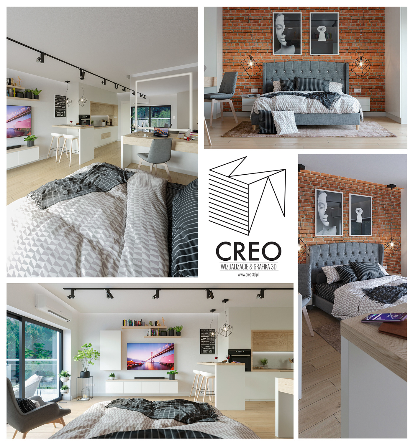 interiordesgin projektowaniewnętrz Render aranżacjawnętrz 3DDesign bedroom livingroom kitchen frame brickwall