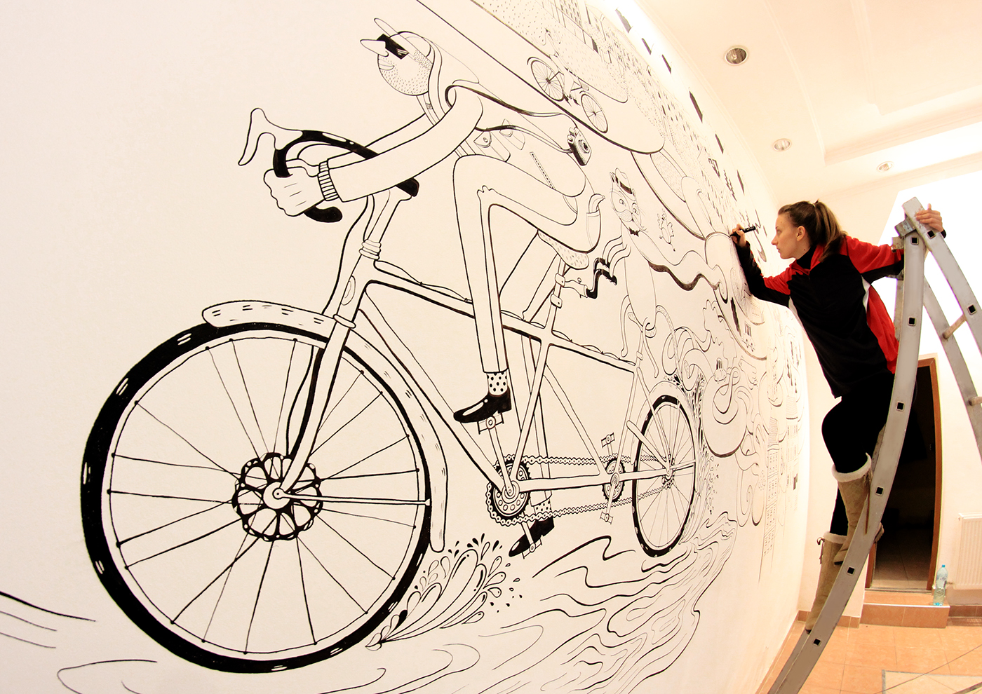 Mural wallpaint Drawing  Black&white biker sportshop city