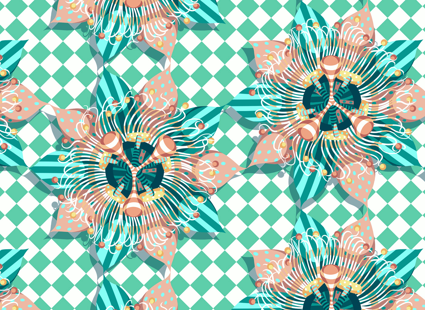 Graphic passionflower pattern in pastel mint and orange colours.