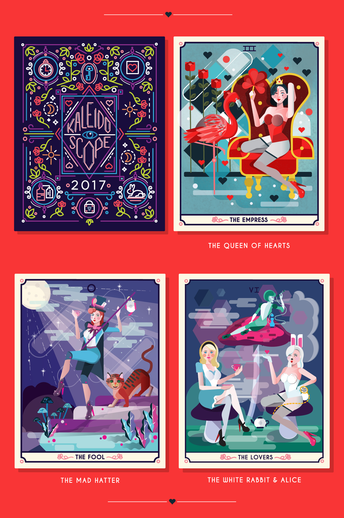 digital illustration alice in wonderland The Mad Hatter the white rabbit the fool the empress Tarot Cards vector The Lovers queen of hearts