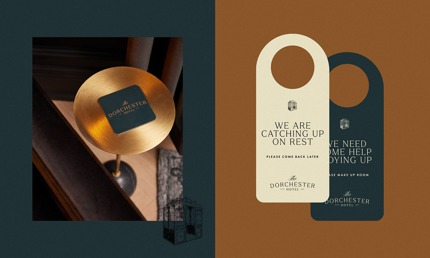 Images of The Dorchester Logo on coaster and hotel door hanger.