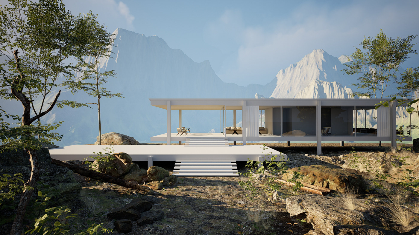 mountain Landscape Nature Travel environment Environment design exterior farnsworth house 3d animation sunset