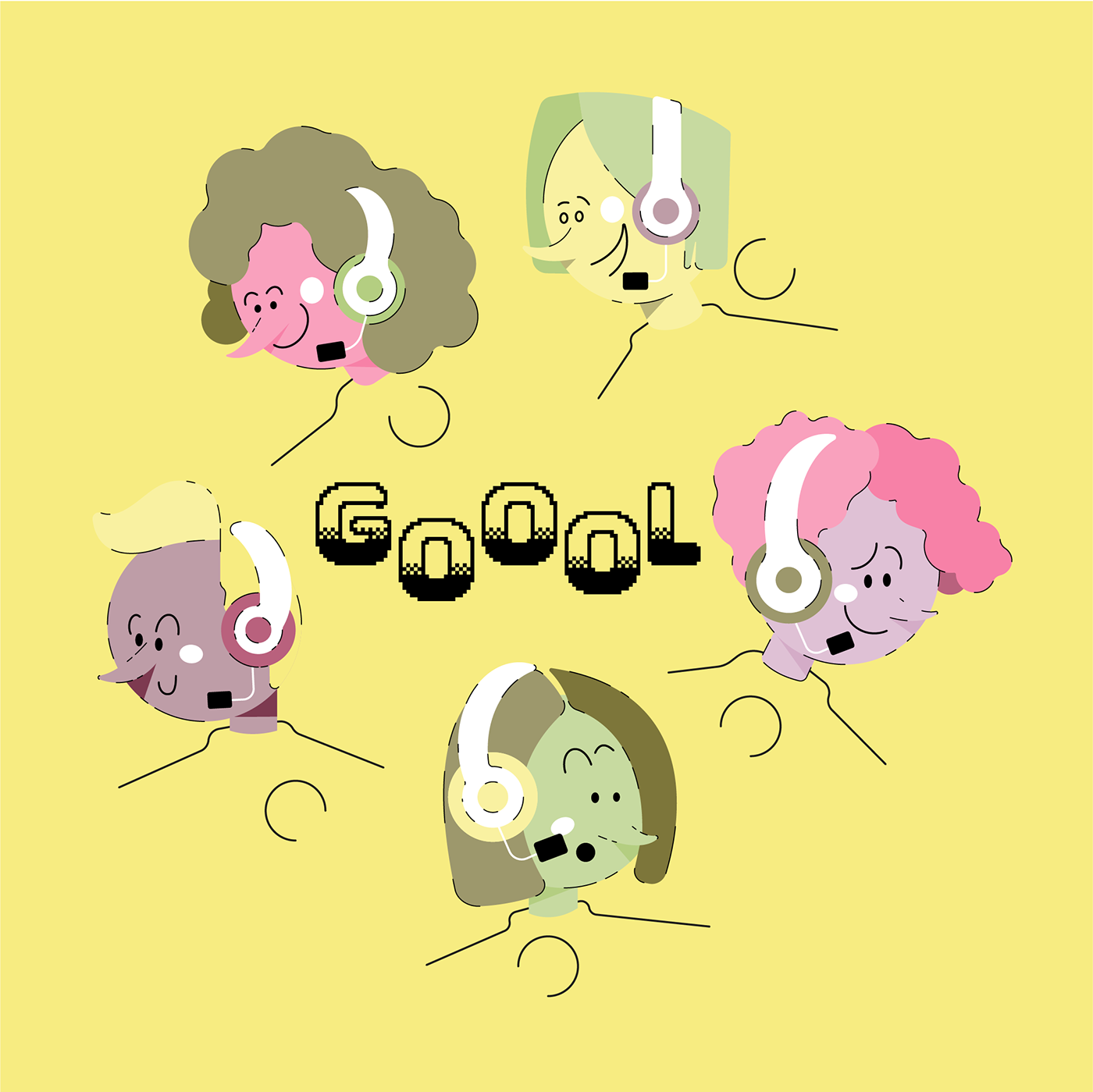 Ilustração vetorial contendo 5 mulheres narradoras, com a palavra "Gol" ao centro.
