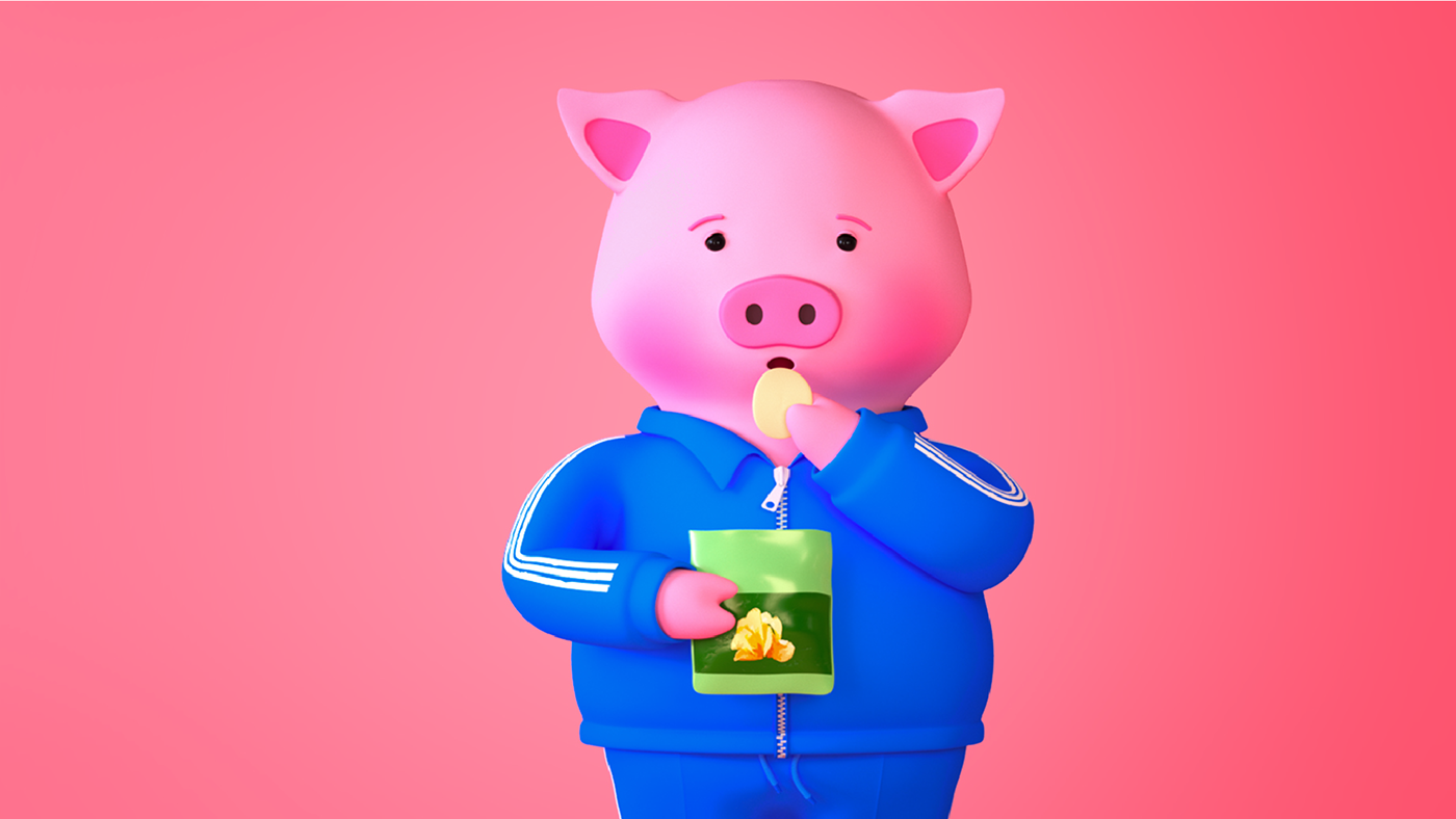 c4d artwork animation  Character 3D motion pig lazy VDAS motiongraphic